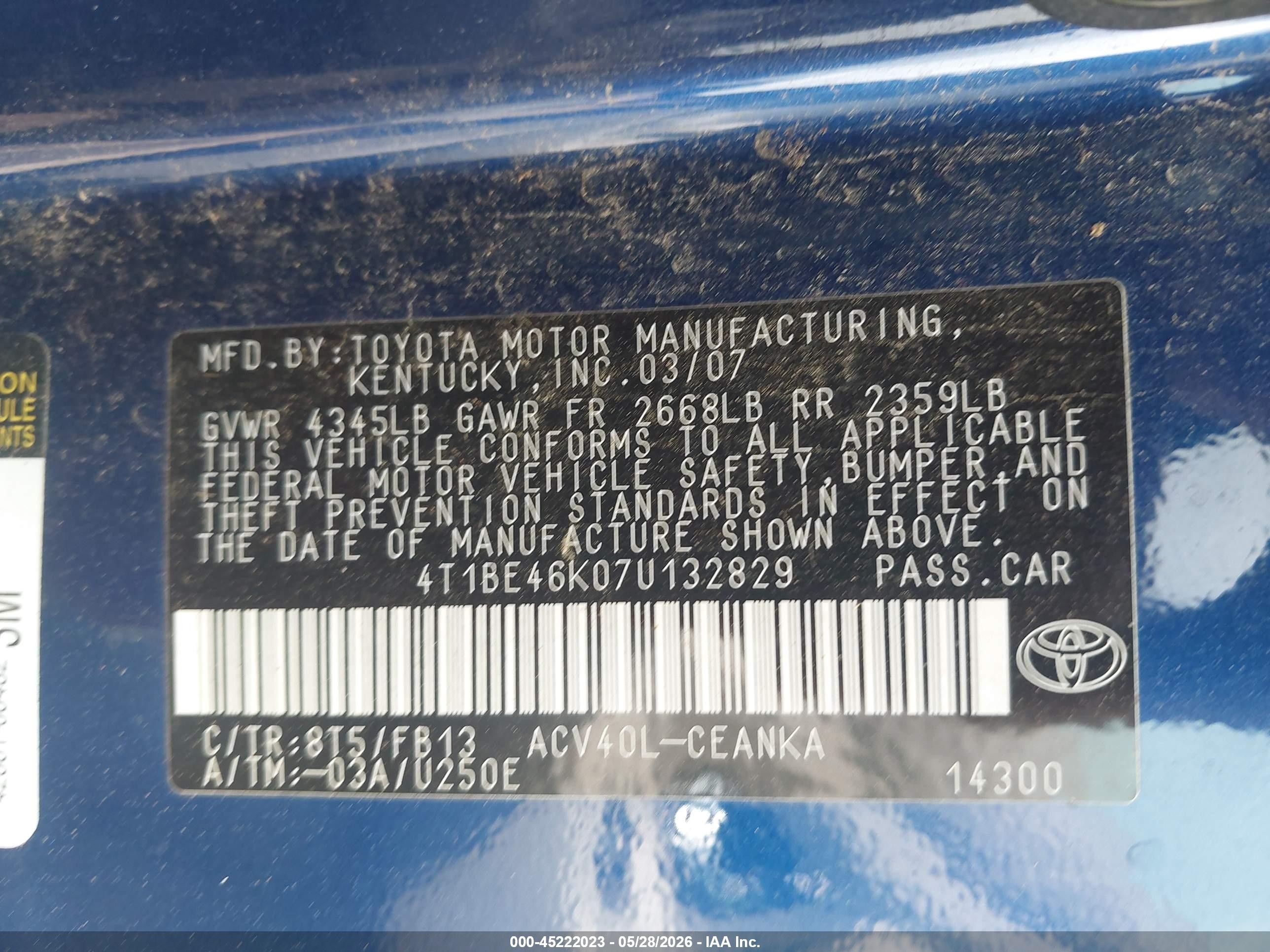 2007 Toyota Camry Le Blue vin: 4T1BE46K07U132829