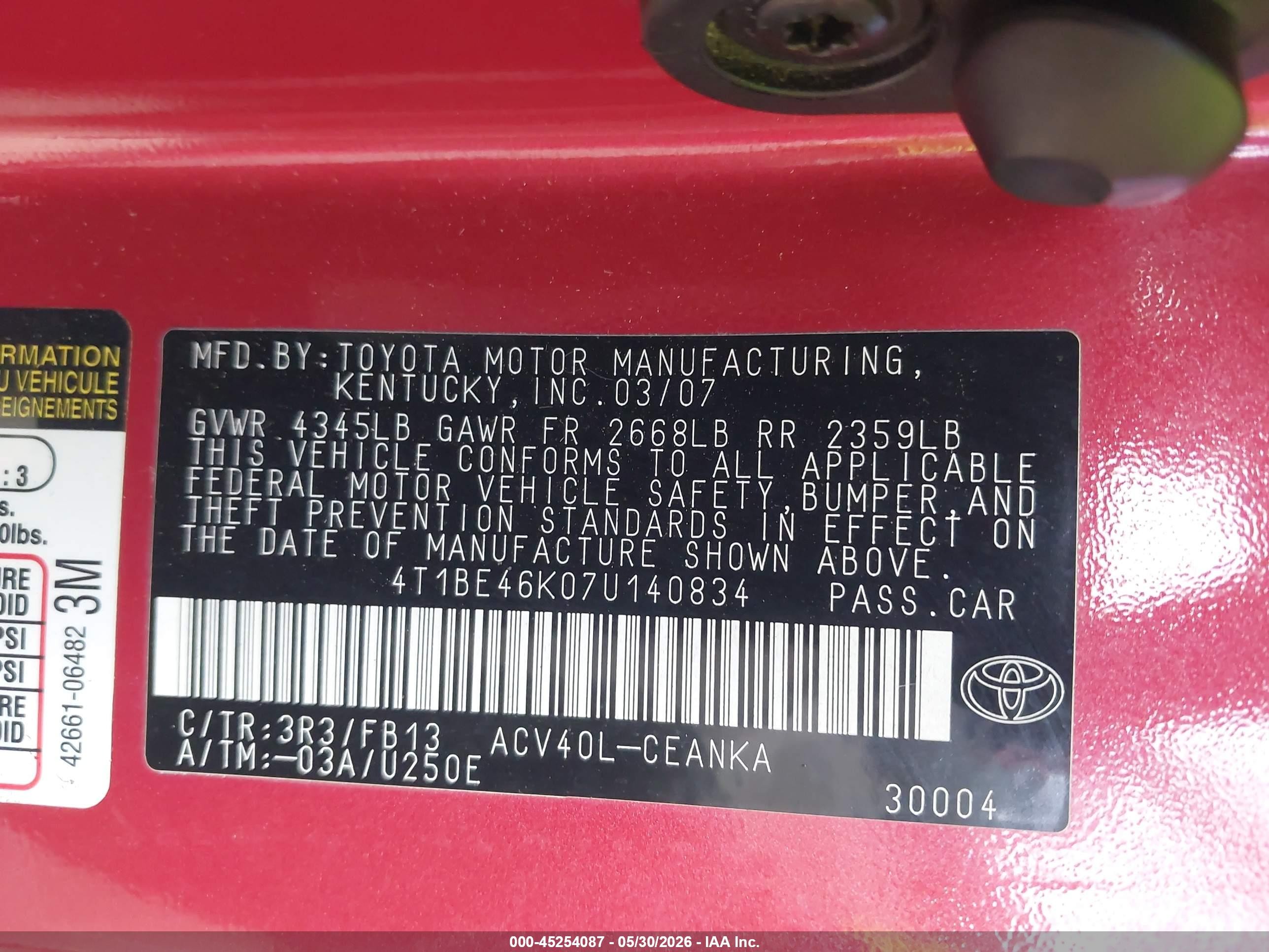 2007 Toyota Camry Le Red vin: 4T1BE46K07U140834
