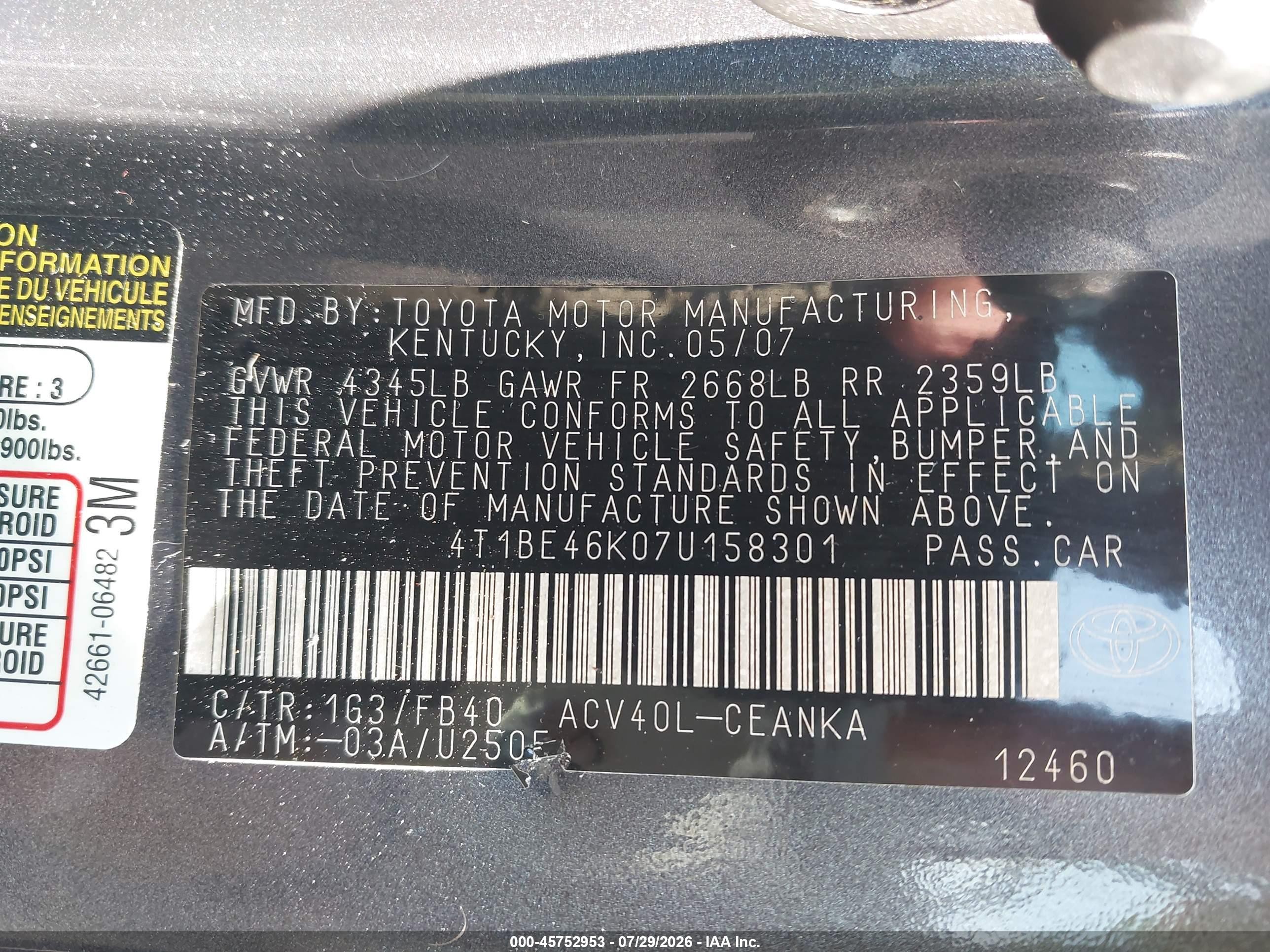 2007 Toyota Camry Le Gray vin: 4T1BE46K07U158301