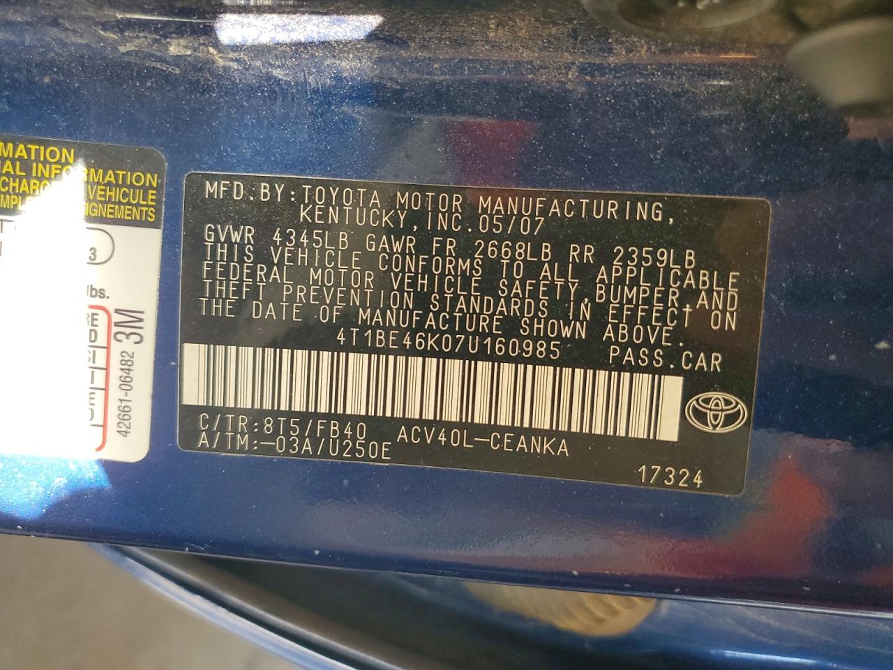 2007 Toyota Camry Le Blue vin: 4T1BE46K07U160985