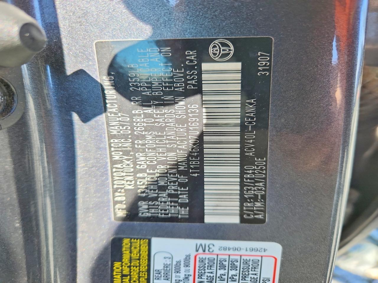 2007 Toyota Camry Le Gray vin: 4T1BE46K07U169136