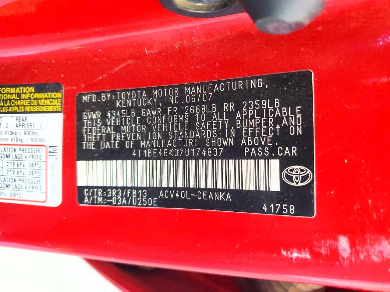 2007 Toyota Camry Le Red vin: 4T1BE46K07U174837
