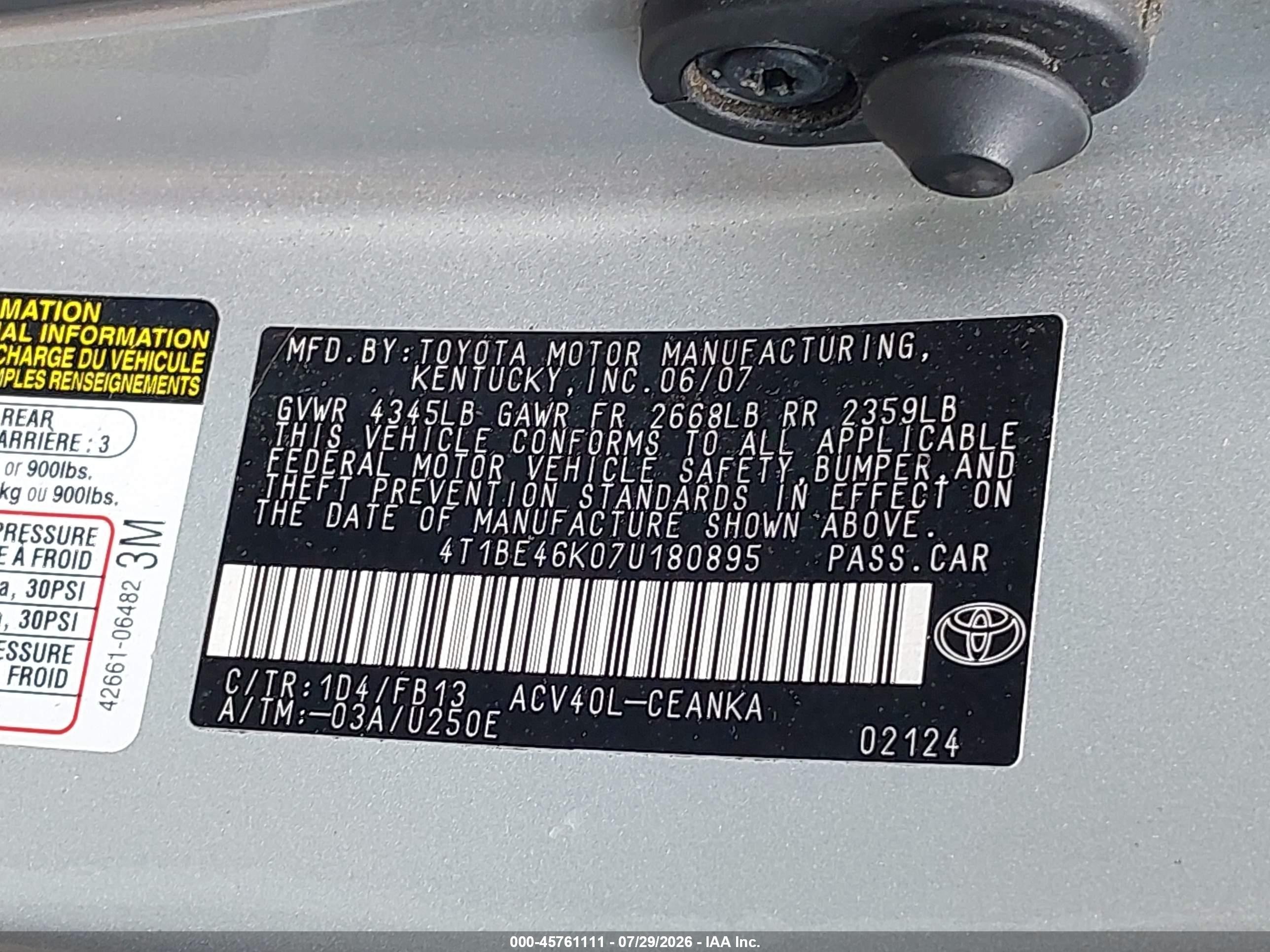 2007 Toyota Camry Le Silver vin: 4T1BE46K07U180895