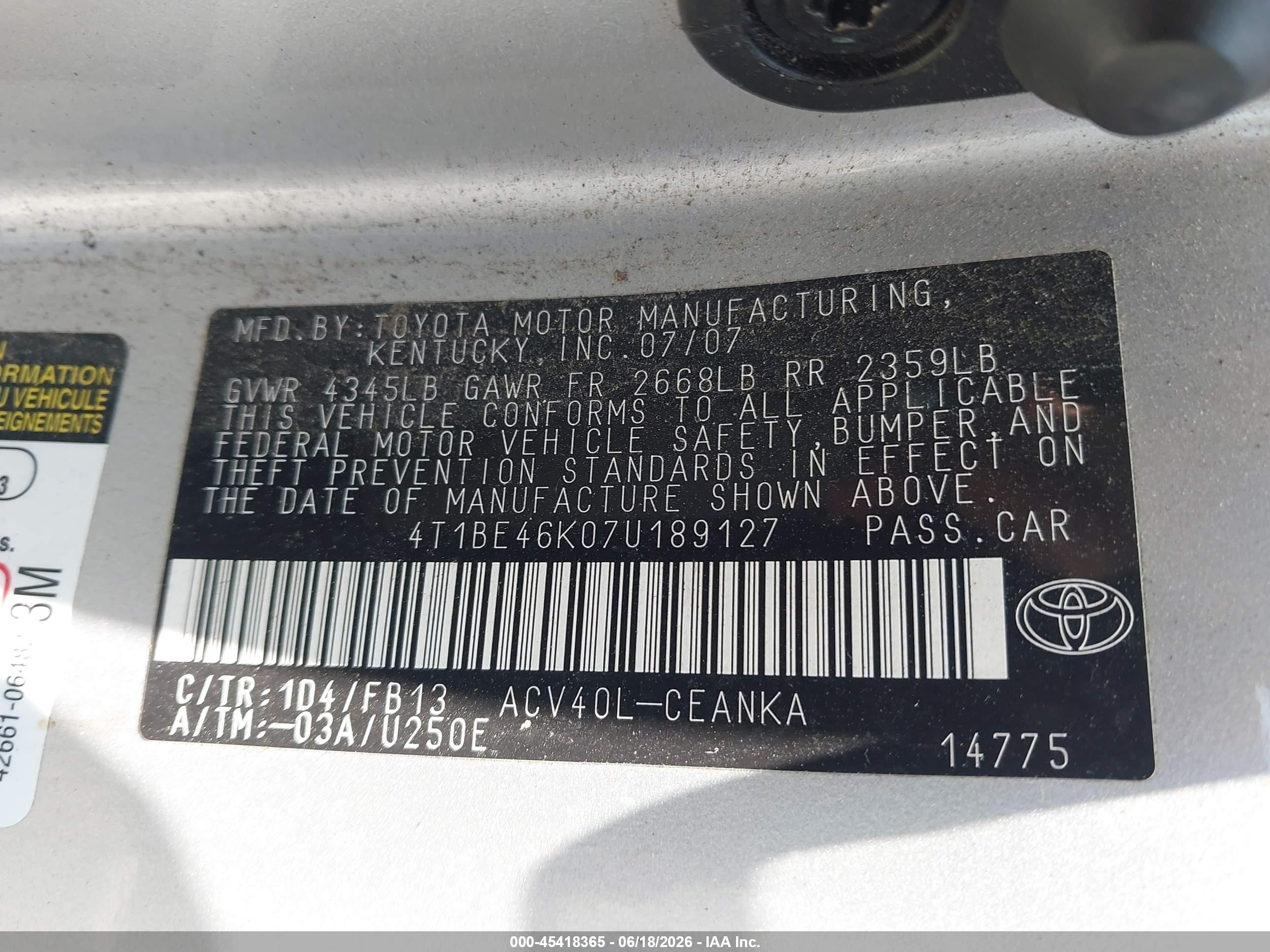 2007 Toyota Camry Le Silver vin: 4T1BE46K07U189127