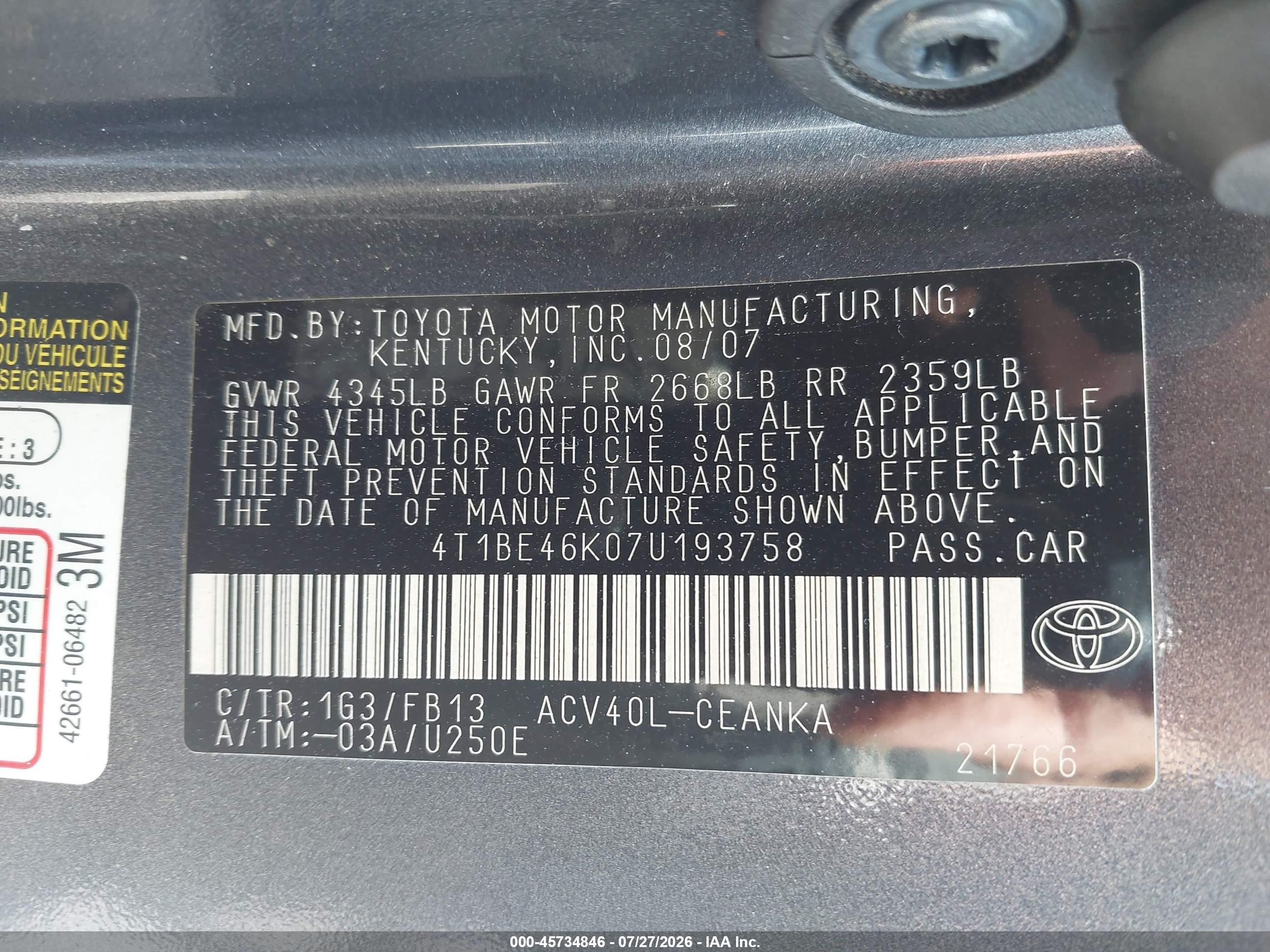 2007 Toyota Camry Le Gray vin: 4T1BE46K07U193758