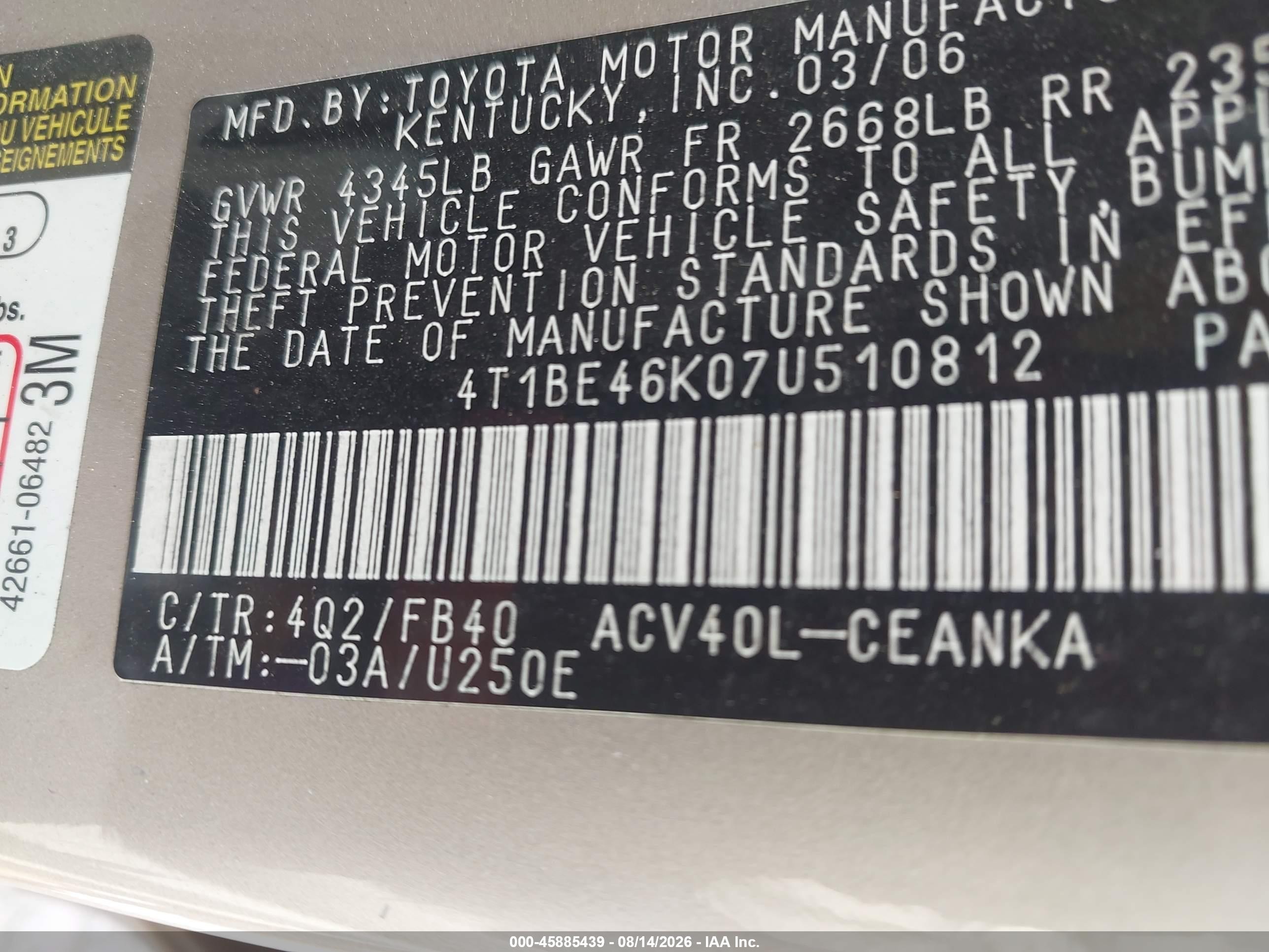 2007 Toyota Camry Le Gold vin: 4T1BE46K07U510812