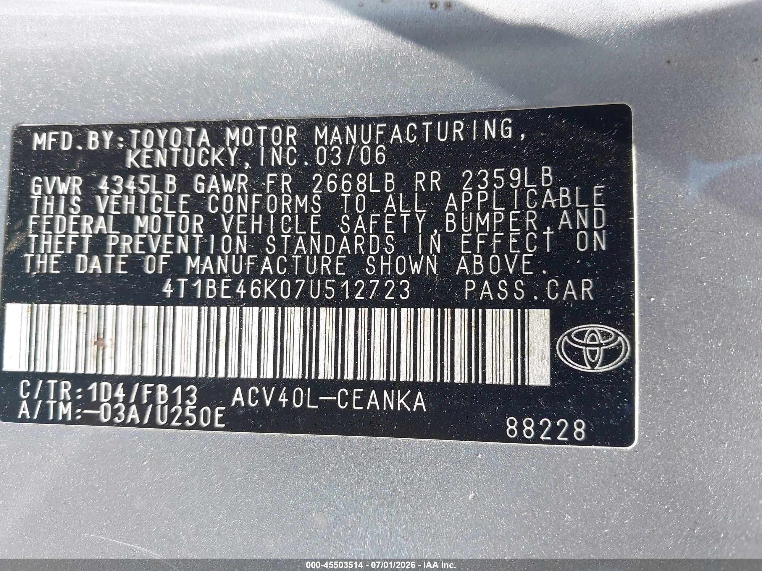 2007 Toyota Camry Le Silver vin: 4T1BE46K07U512723