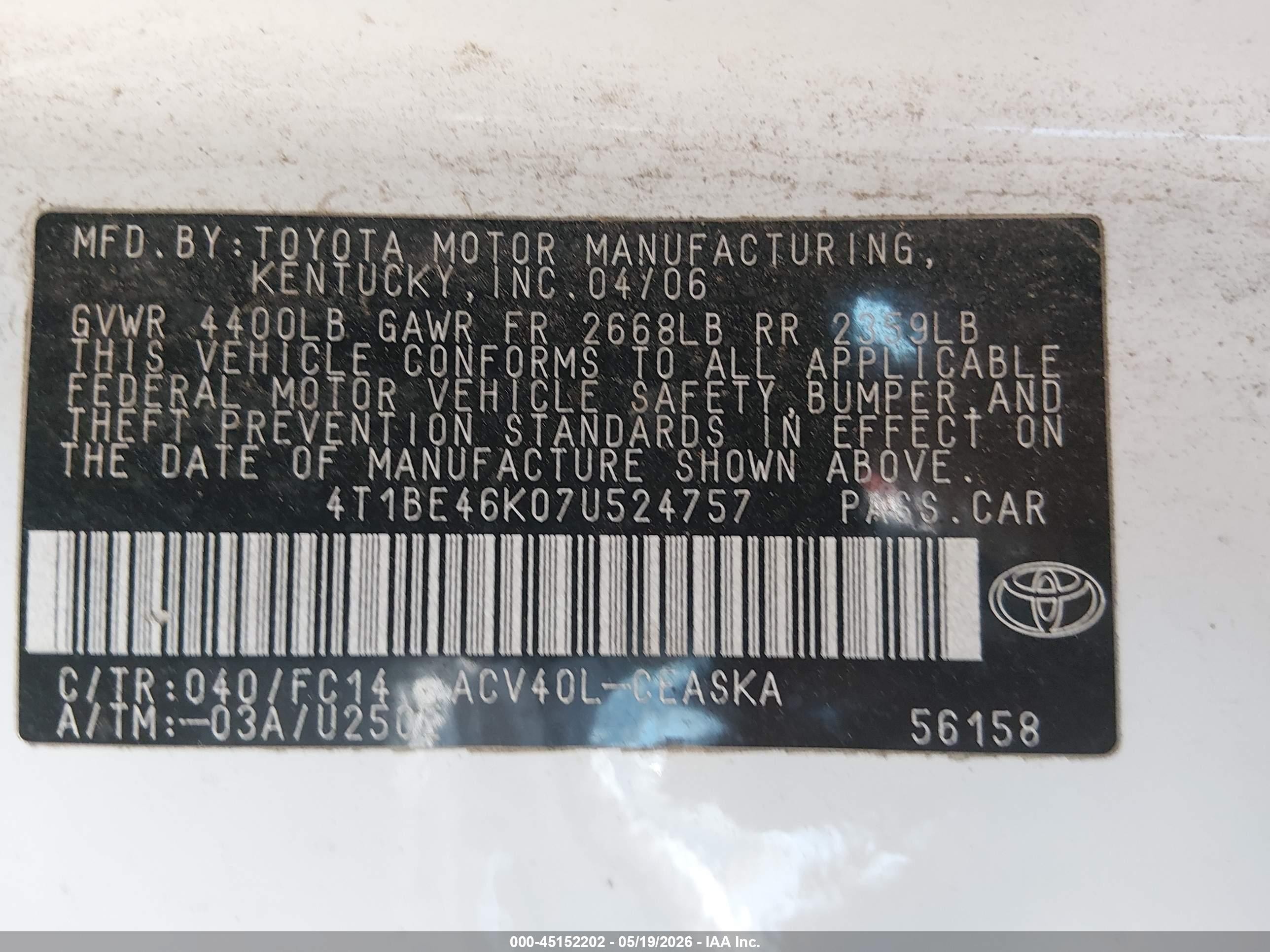 2007 Toyota Camry Se White vin: 4T1BE46K07U524757