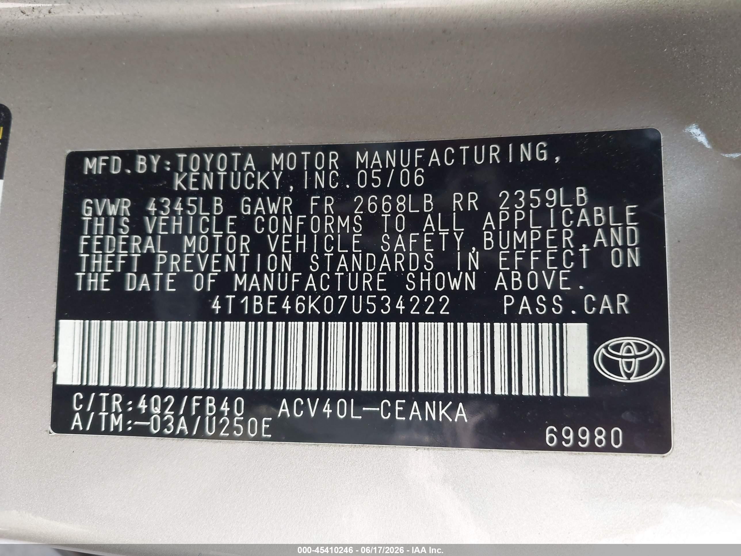 2007 Toyota Camry Le Золотой vin: 4T1BE46K07U534222