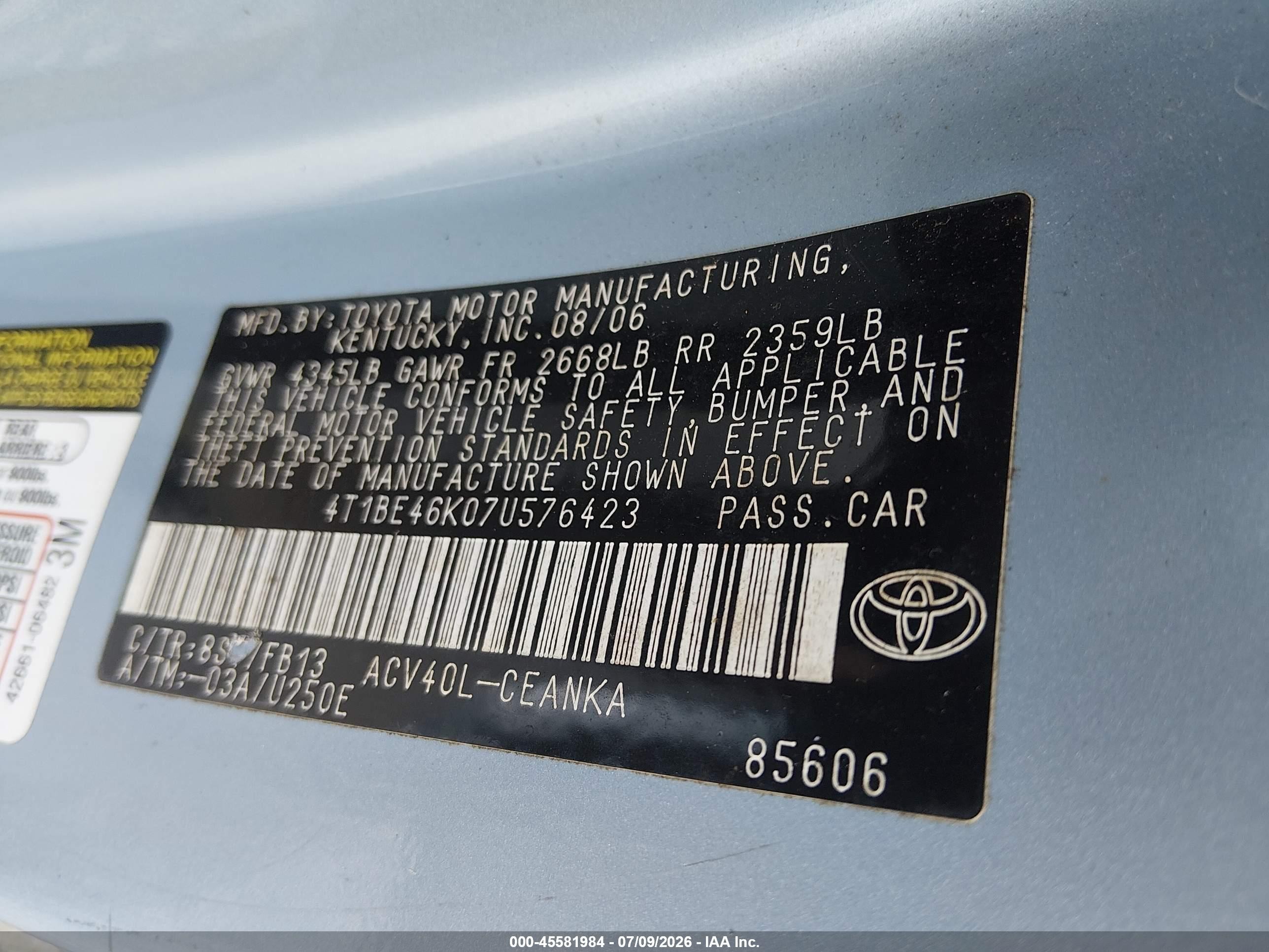 2007 Toyota Camry Ce/le/xle/se Blue vin: 4T1BE46K07U576423