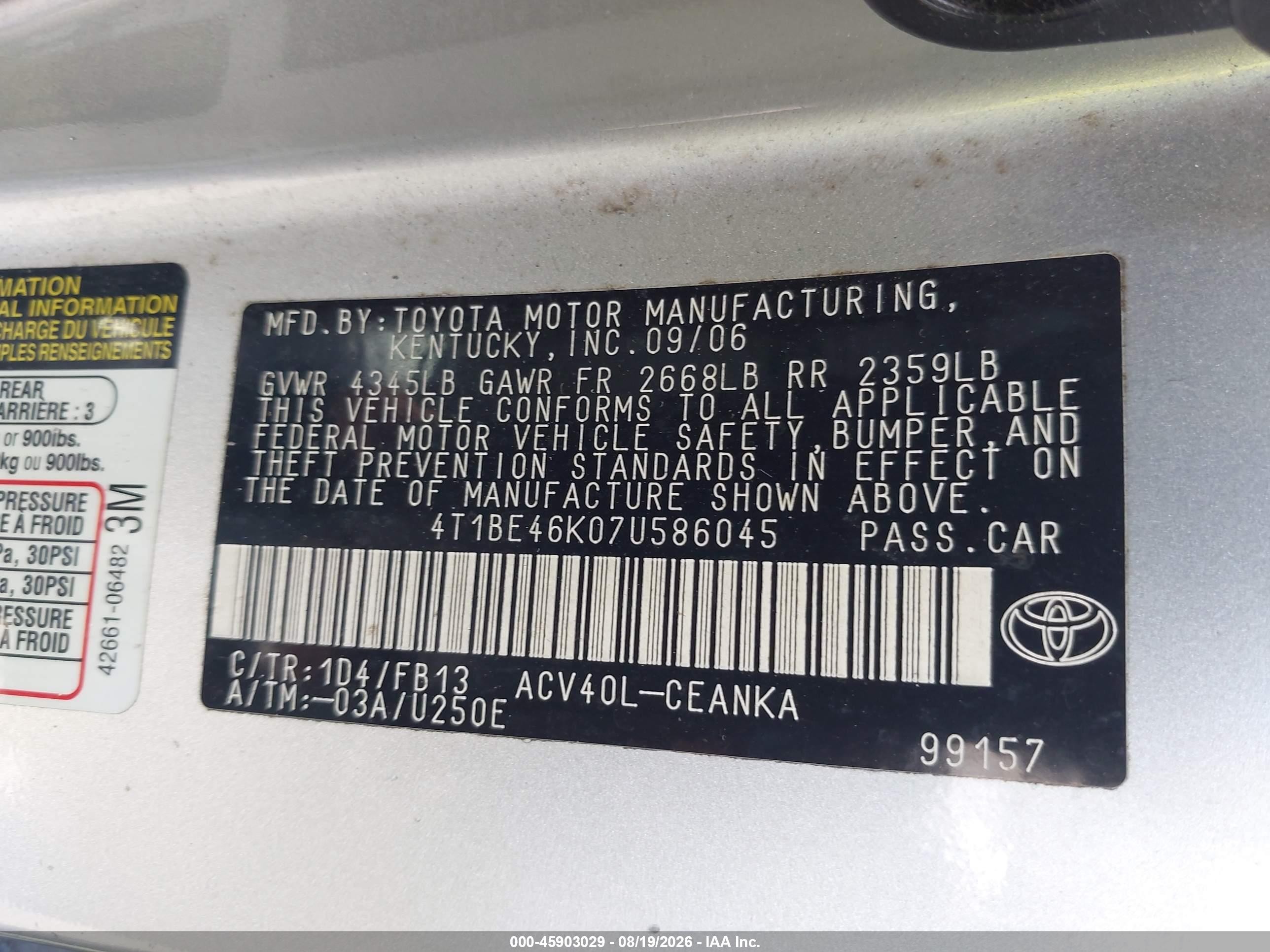 2007 Toyota Camry Le Gray vin: 4T1BE46K07U586045