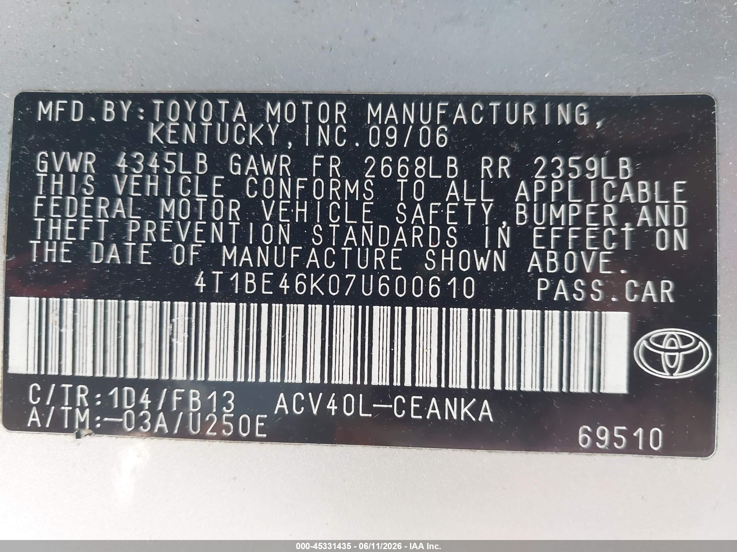 2007 Toyota Camry Le Серебряный vin: 4T1BE46K07U600610
