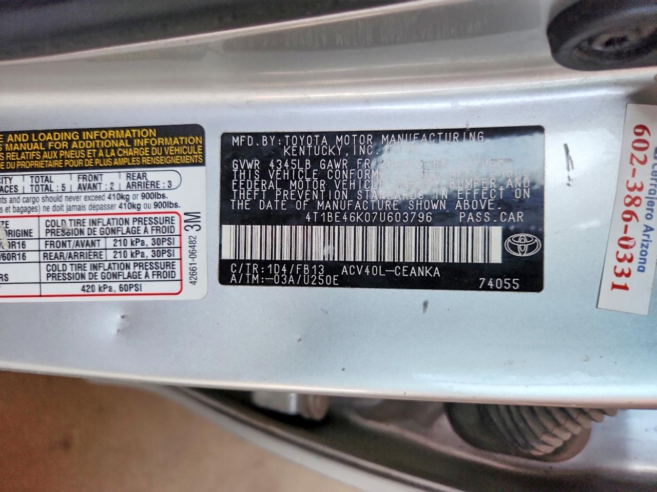 2007 Toyota Camry Le Silver vin: 4T1BE46K07U603796