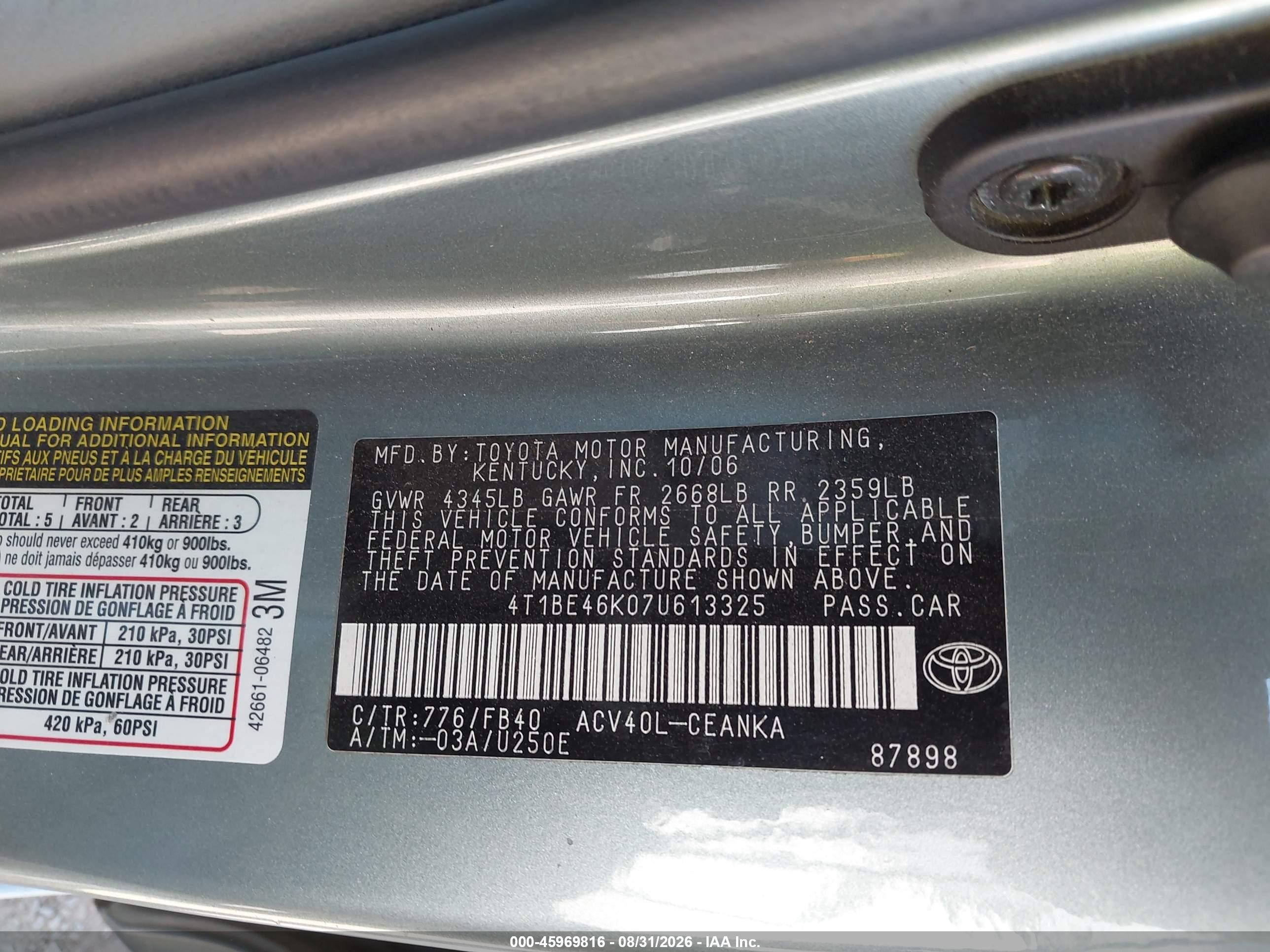 2007 Toyota Camry Le Green vin: 4T1BE46K07U613325