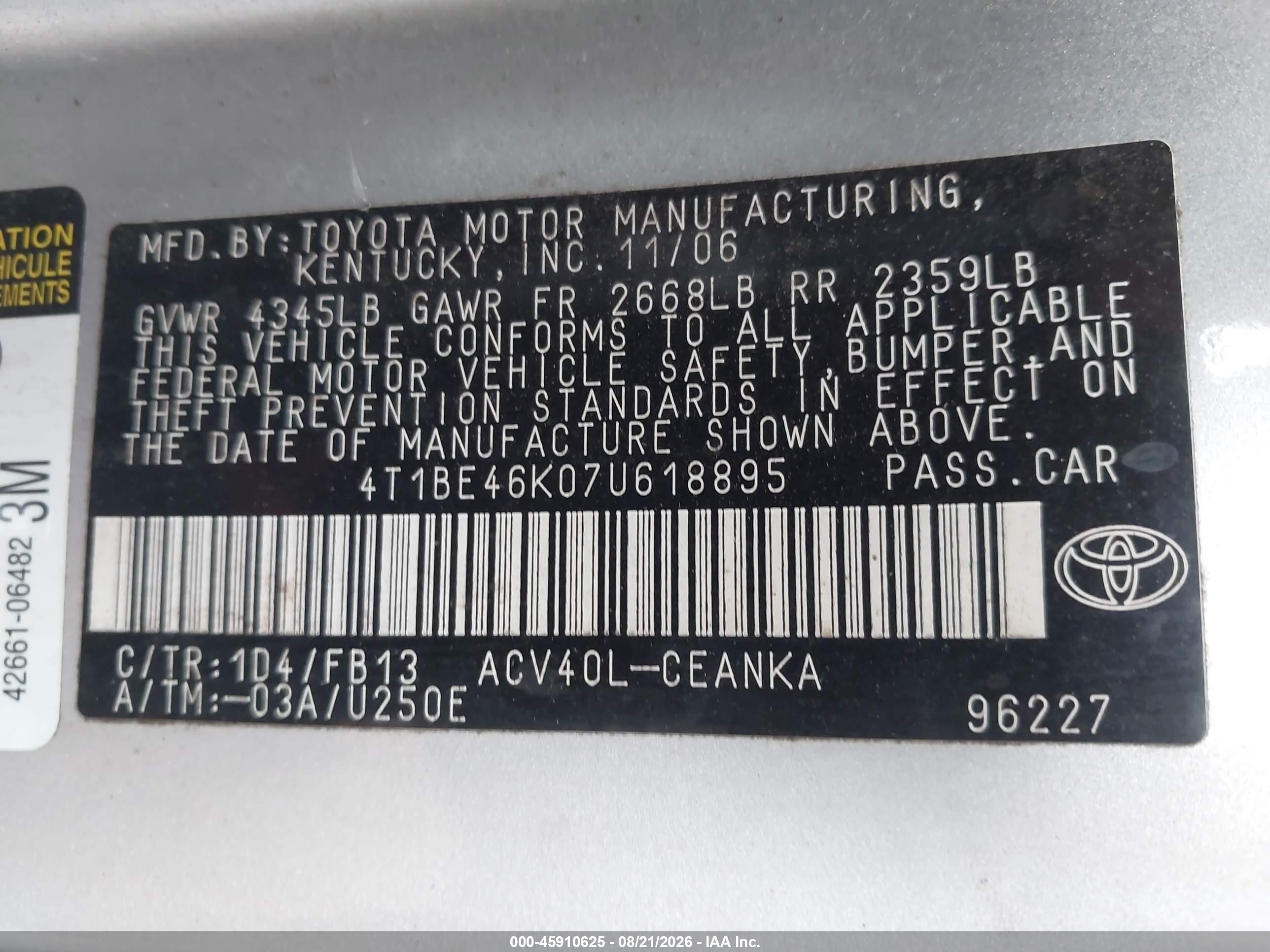 2007 Toyota Camry Le Silver vin: 4T1BE46K07U618895
