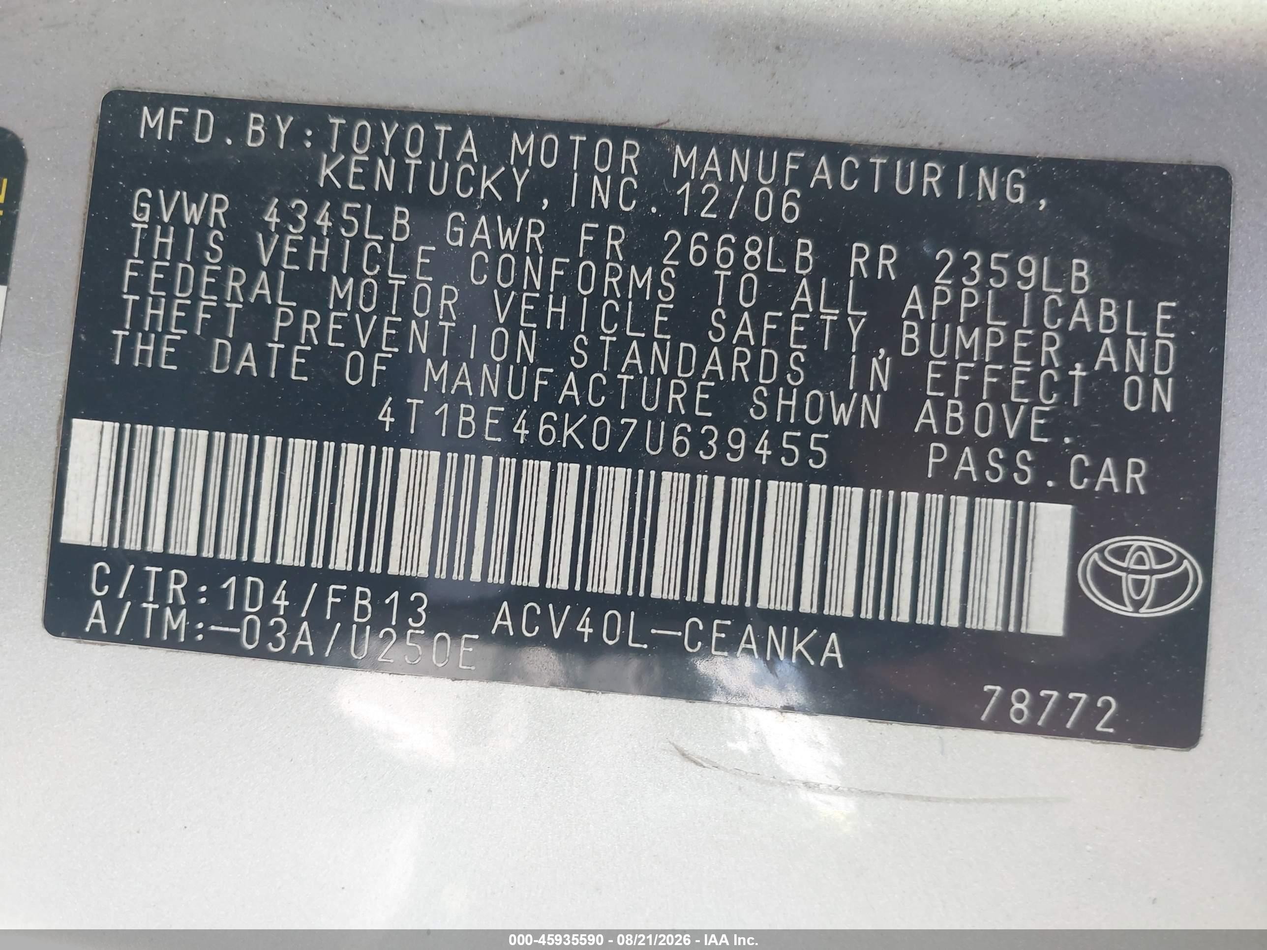 2007 Toyota Camry Ce Серебряный vin: 4T1BE46K07U639455