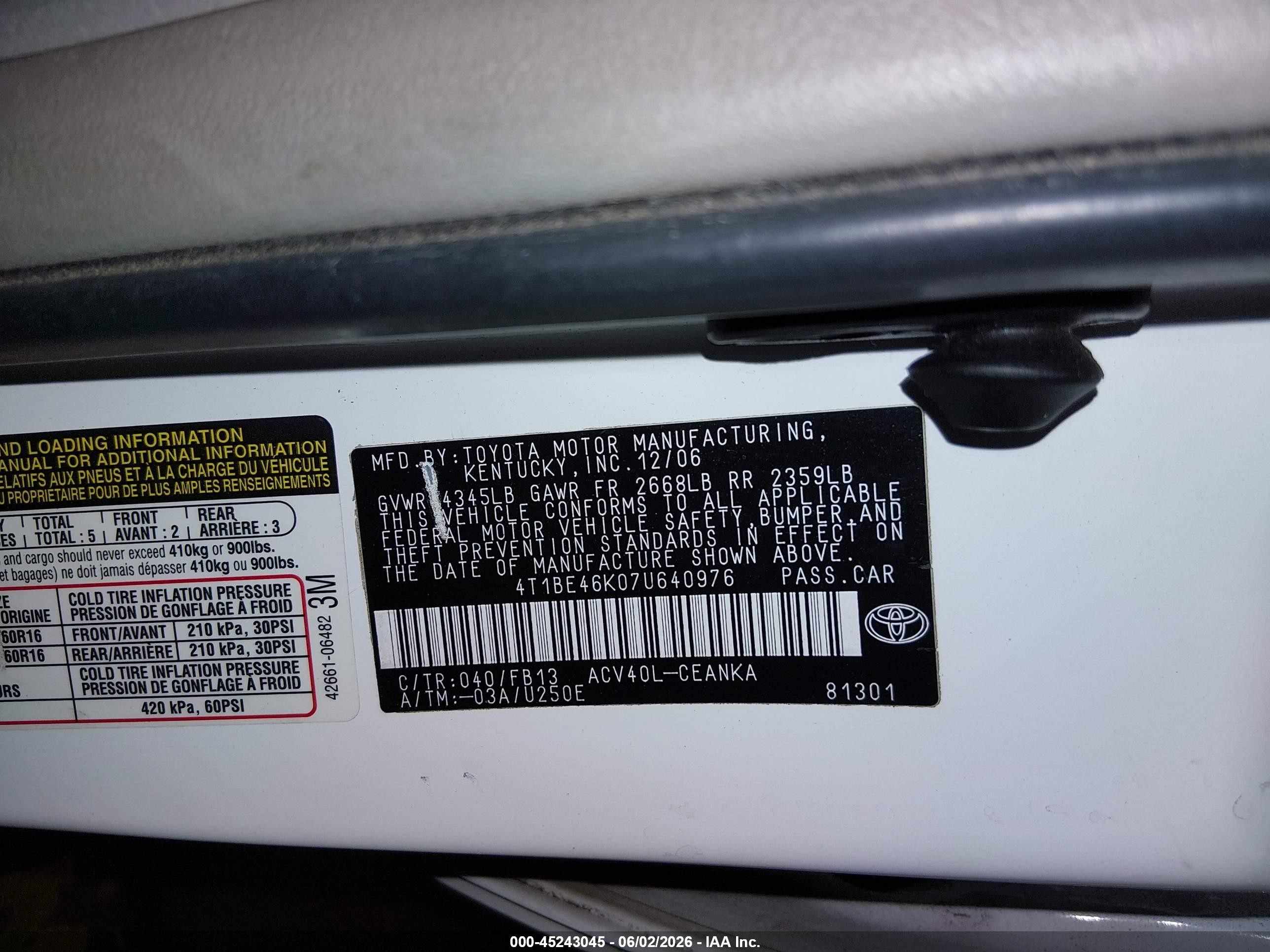 2007 Toyota Camry Le White vin: 4T1BE46K07U640976