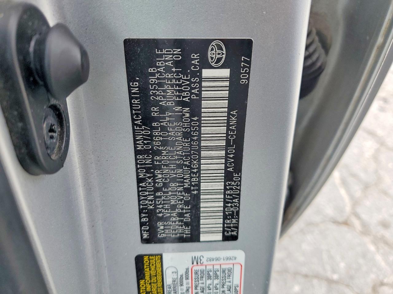 2007 Toyota Camry Le Серебряный vin: 4T1BE46K07U646504