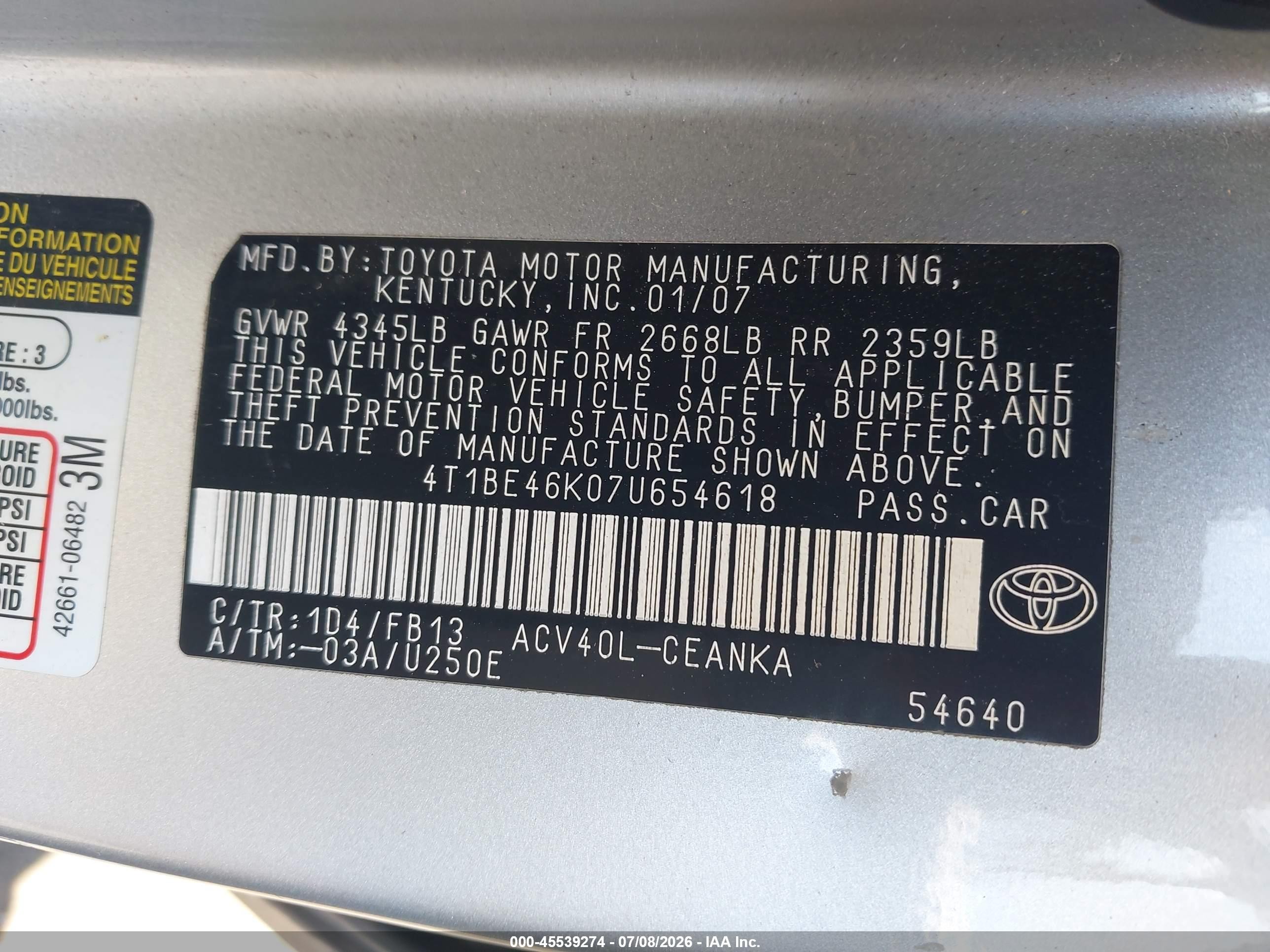2007 Toyota Camry Ce Silver vin: 4T1BE46K07U654618