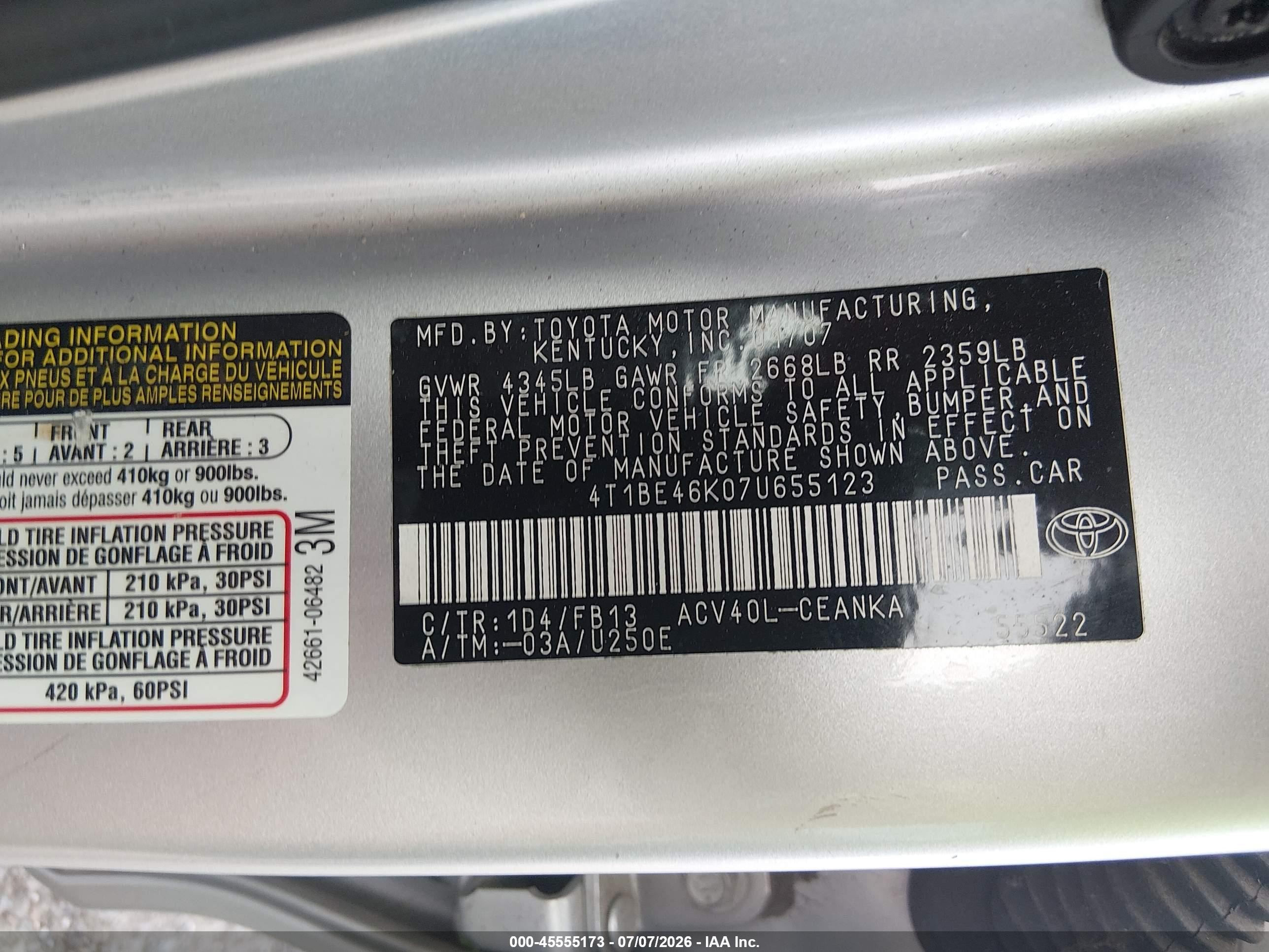2007 Toyota Camry Le Серебряный vin: 4T1BE46K07U655123
