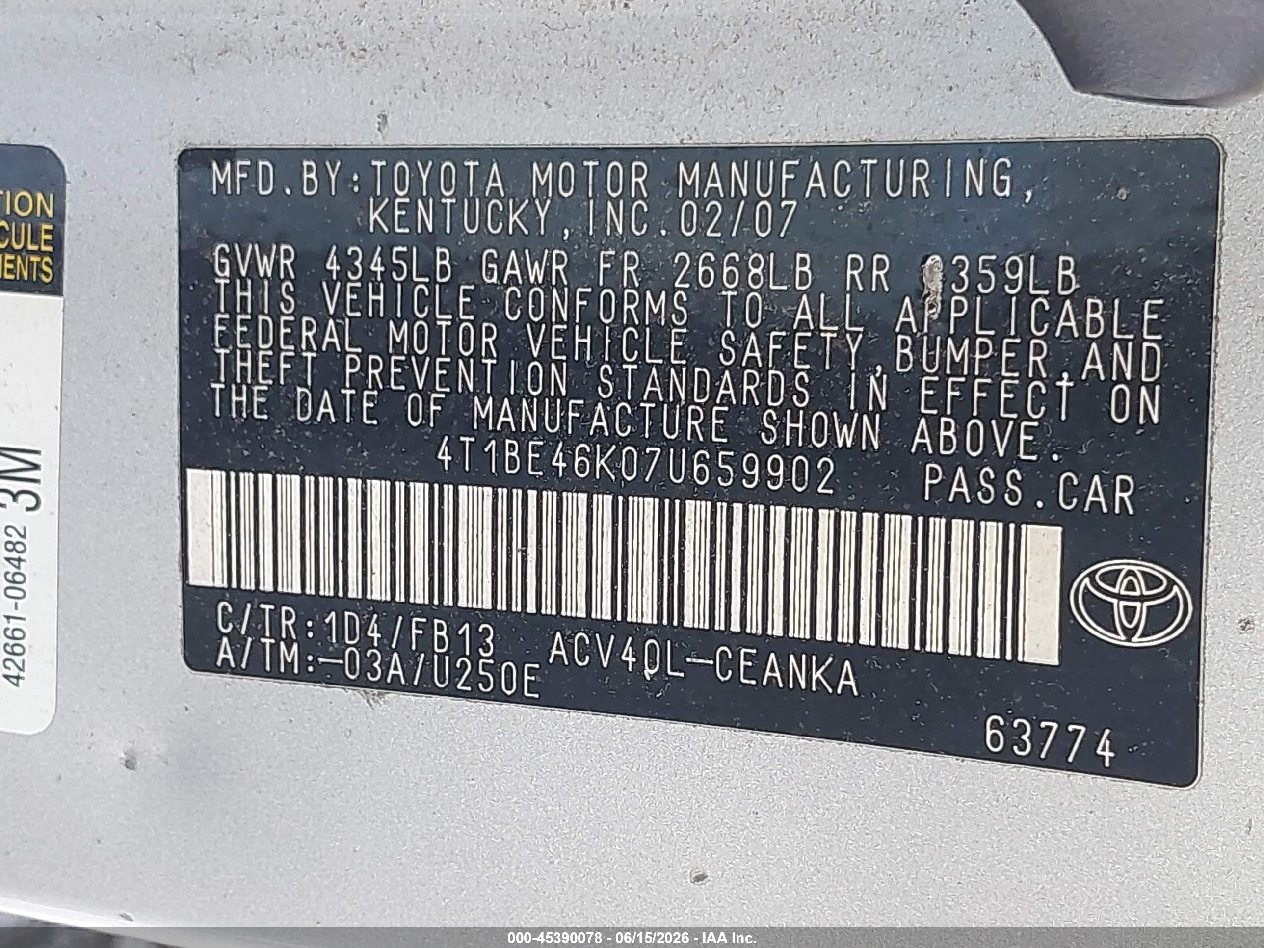 2007 Toyota Camry Le Серебряный vin: 4T1BE46K07U659902