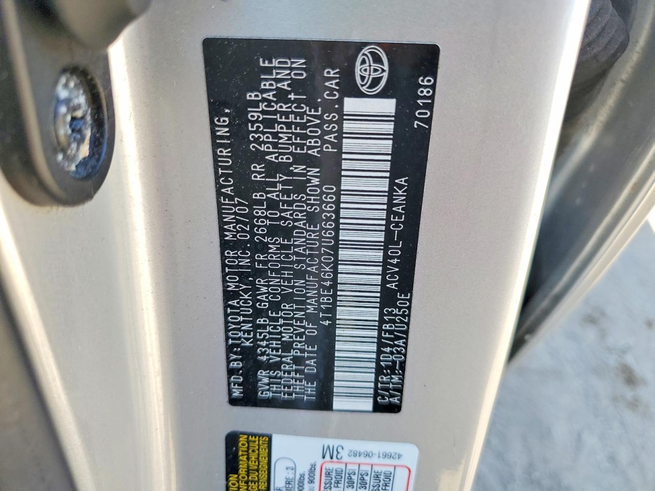 2007 Toyota Camry Le Серебряный vin: 4T1BE46K07U663660