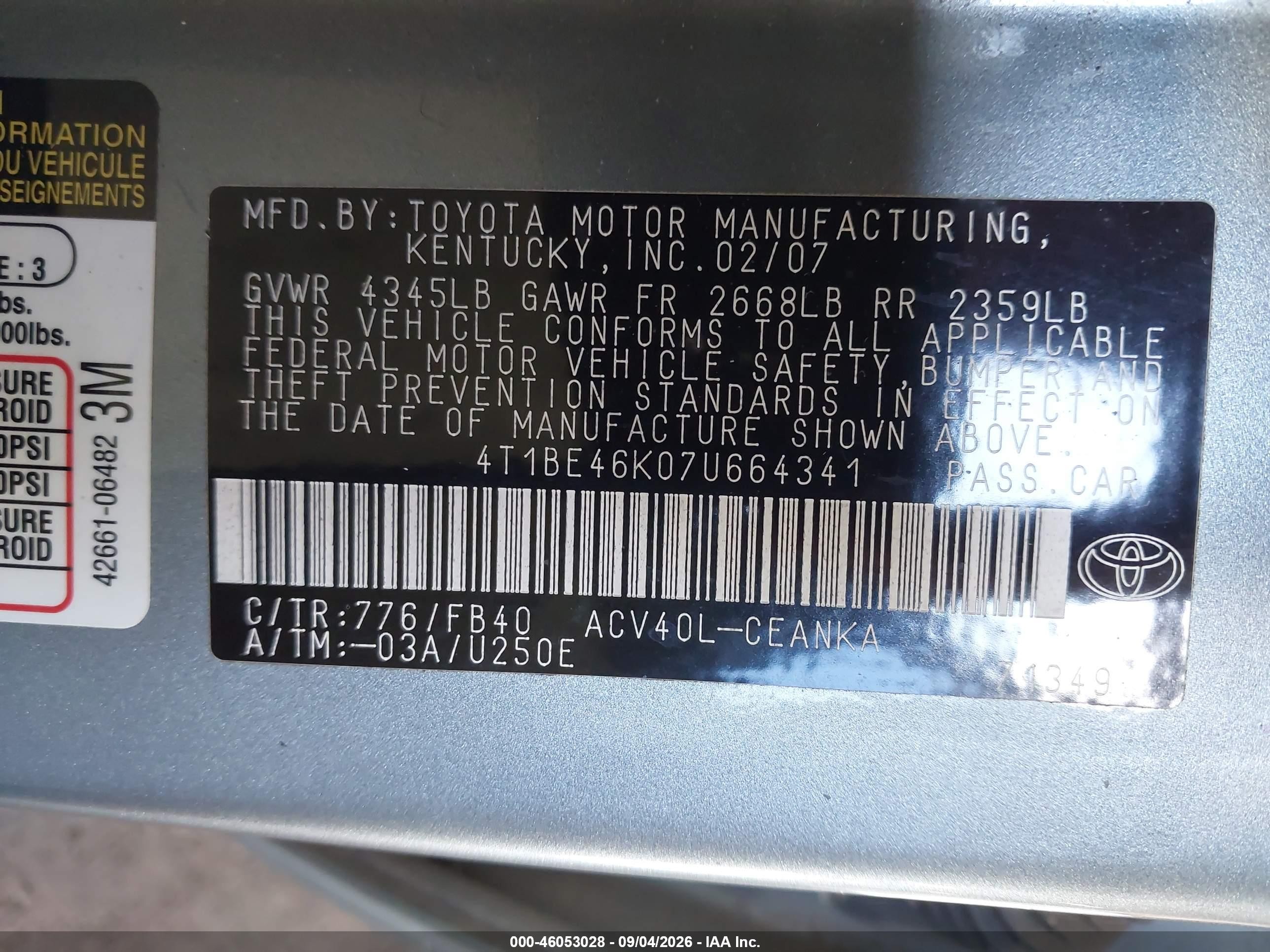 2007 Toyota Camry Le Light Blue vin: 4T1BE46K07U664341