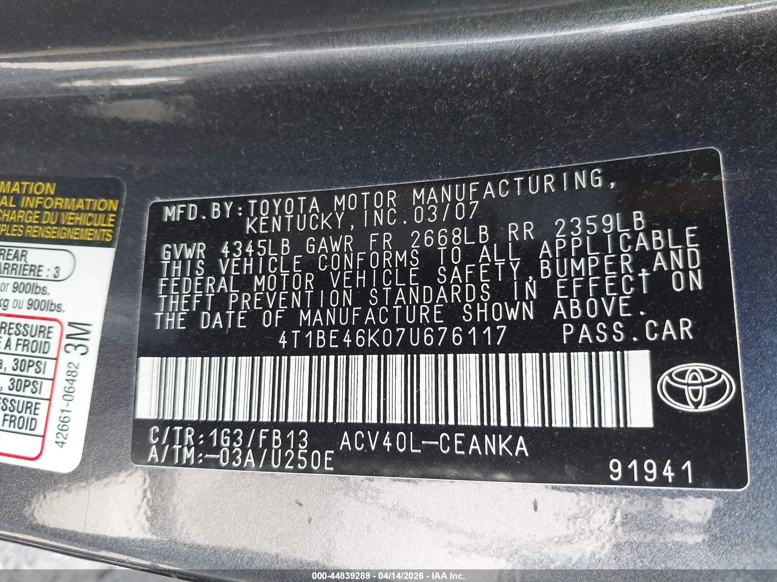 2007 Toyota Camry Ce/le/xle/se Gray vin: 4T1BE46K07U676117