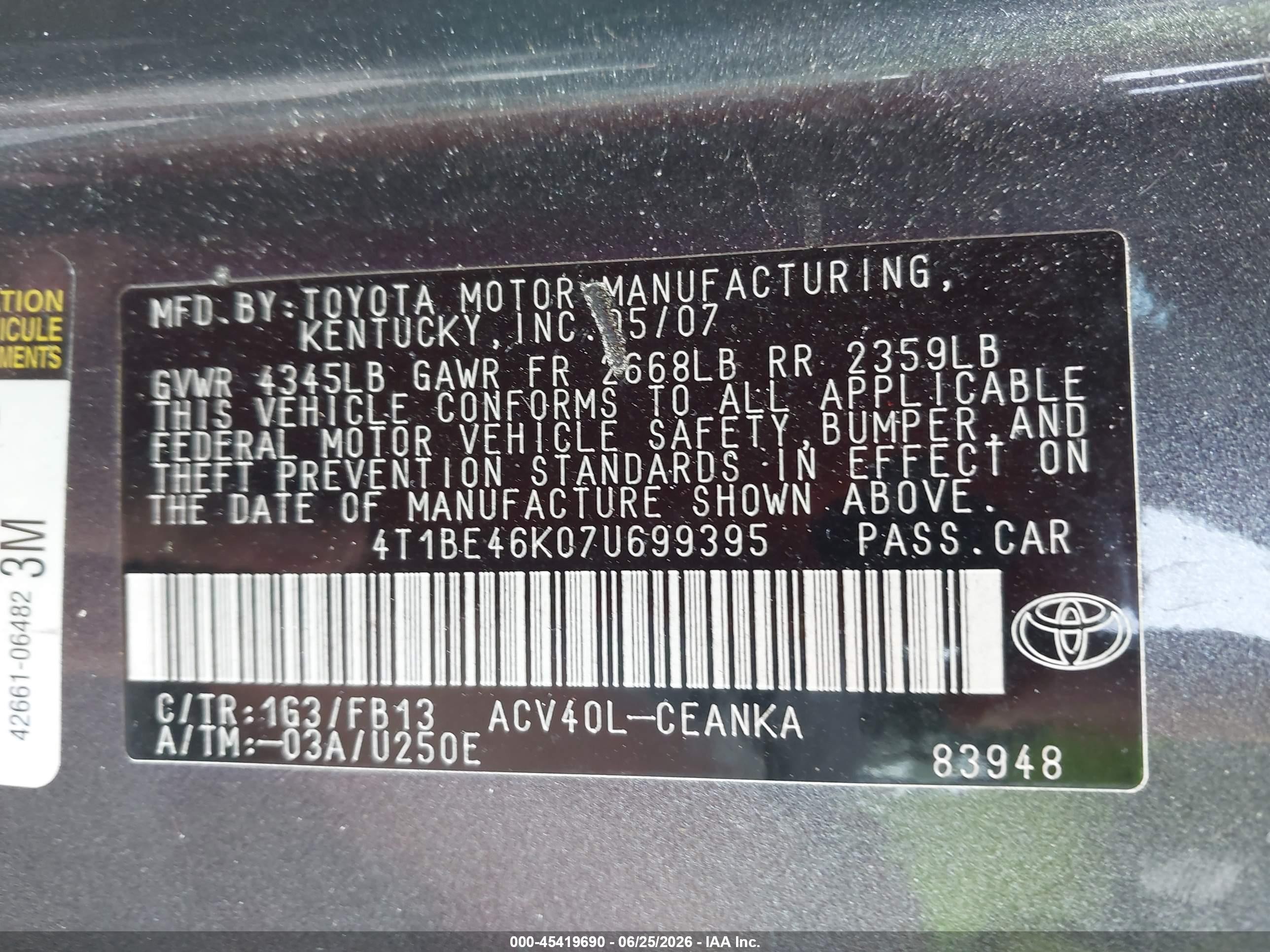 2007 Toyota Camry Le Серый vin: 4T1BE46K07U699395