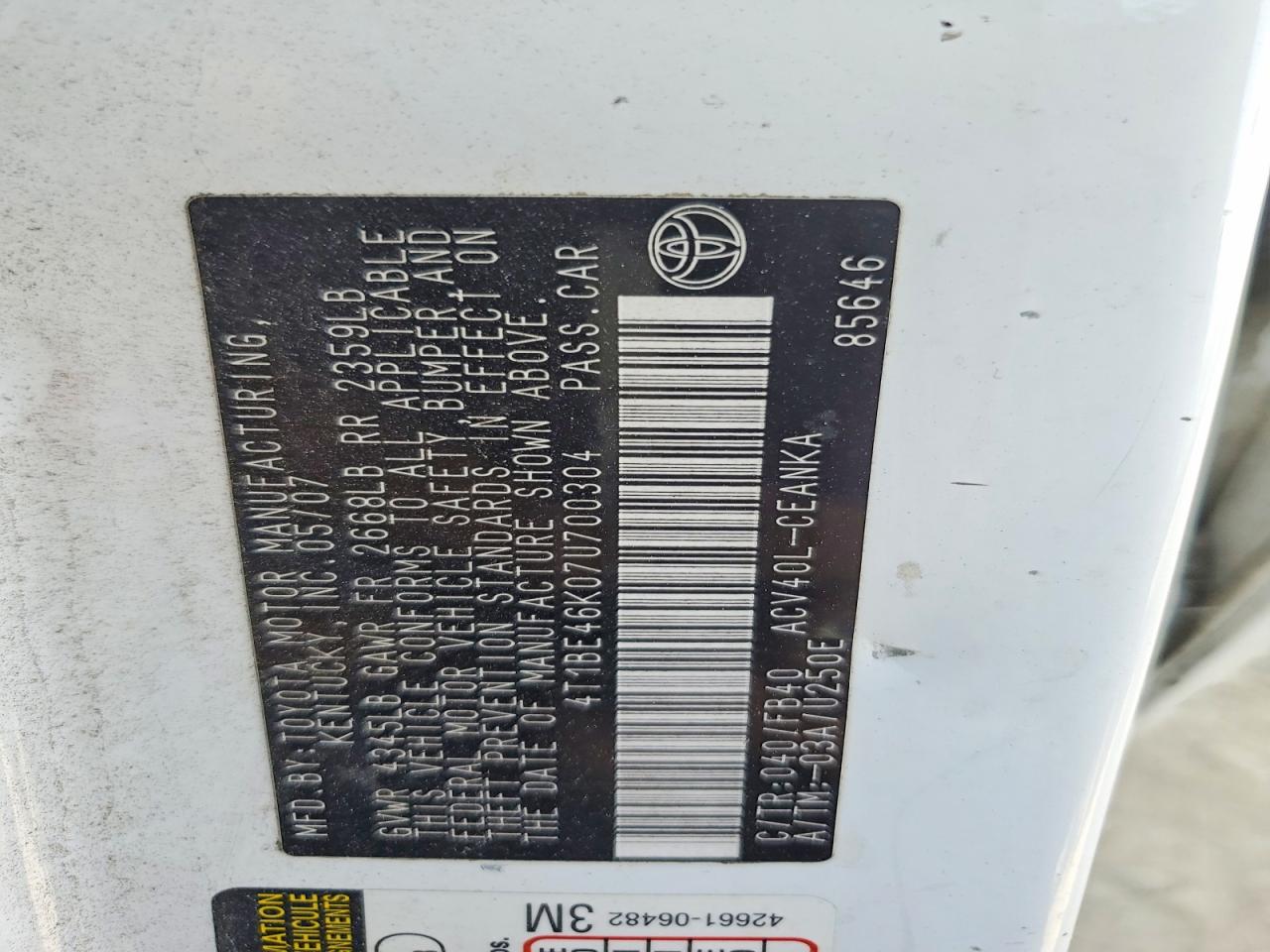 2007 Toyota Camry Le White vin: 4T1BE46K07U700304