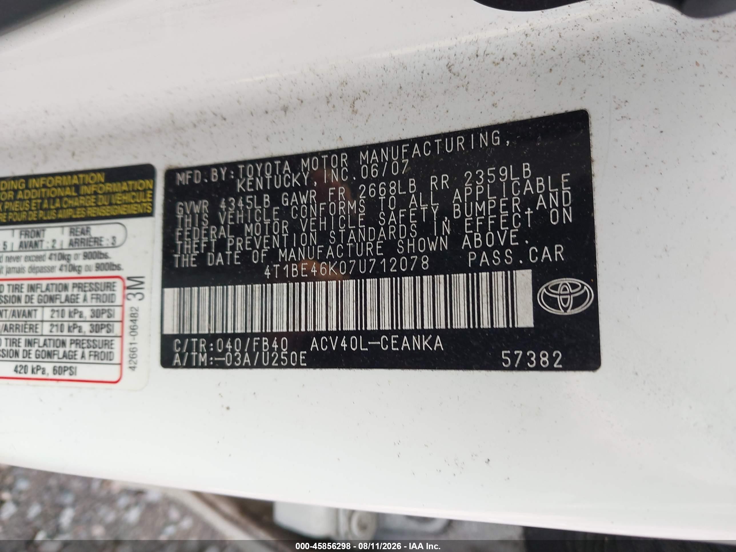 2007 Toyota Camry Le White vin: 4T1BE46K07U712078