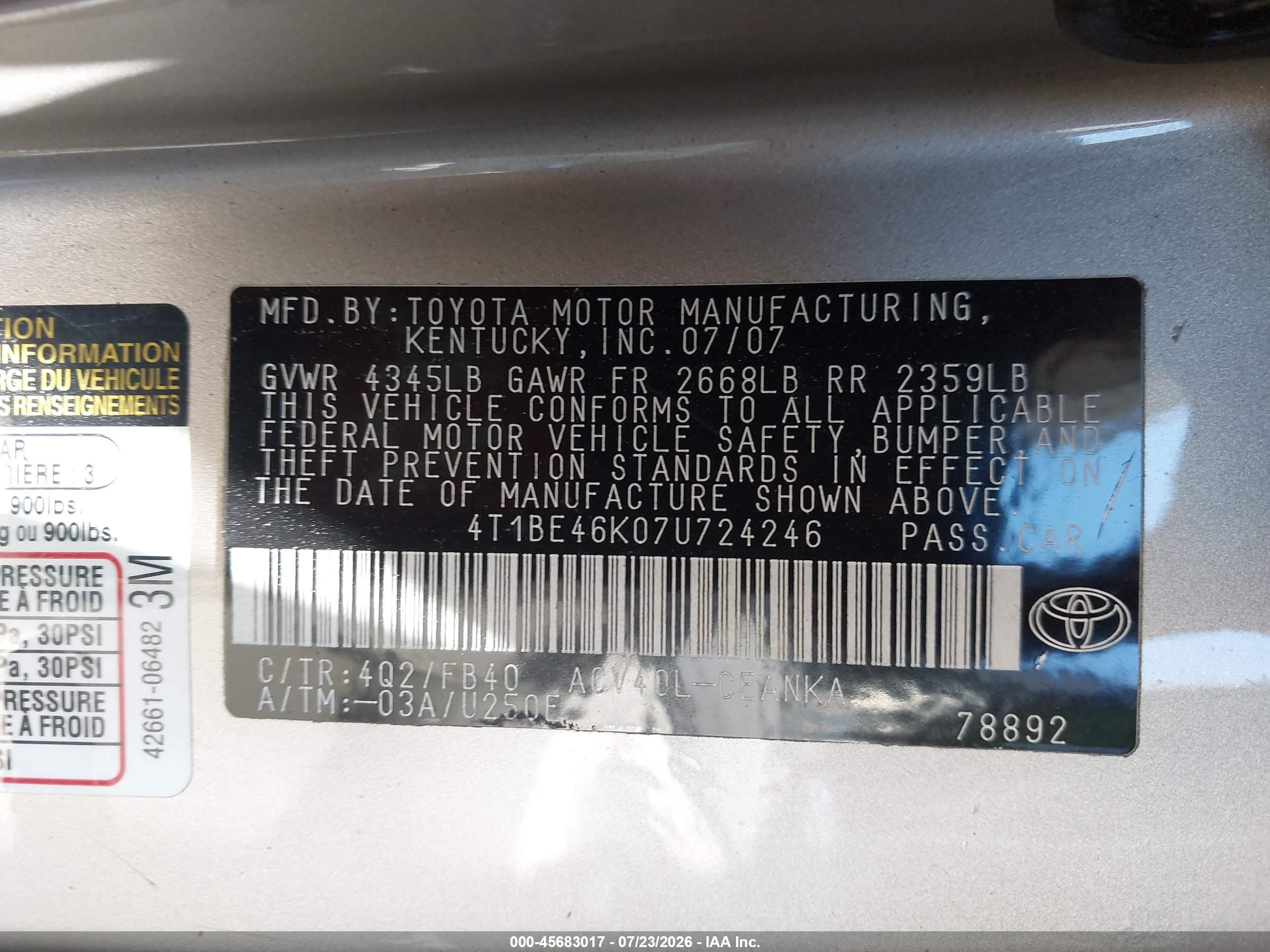 2007 Toyota Camry Le Gold vin: 4T1BE46K07U724246