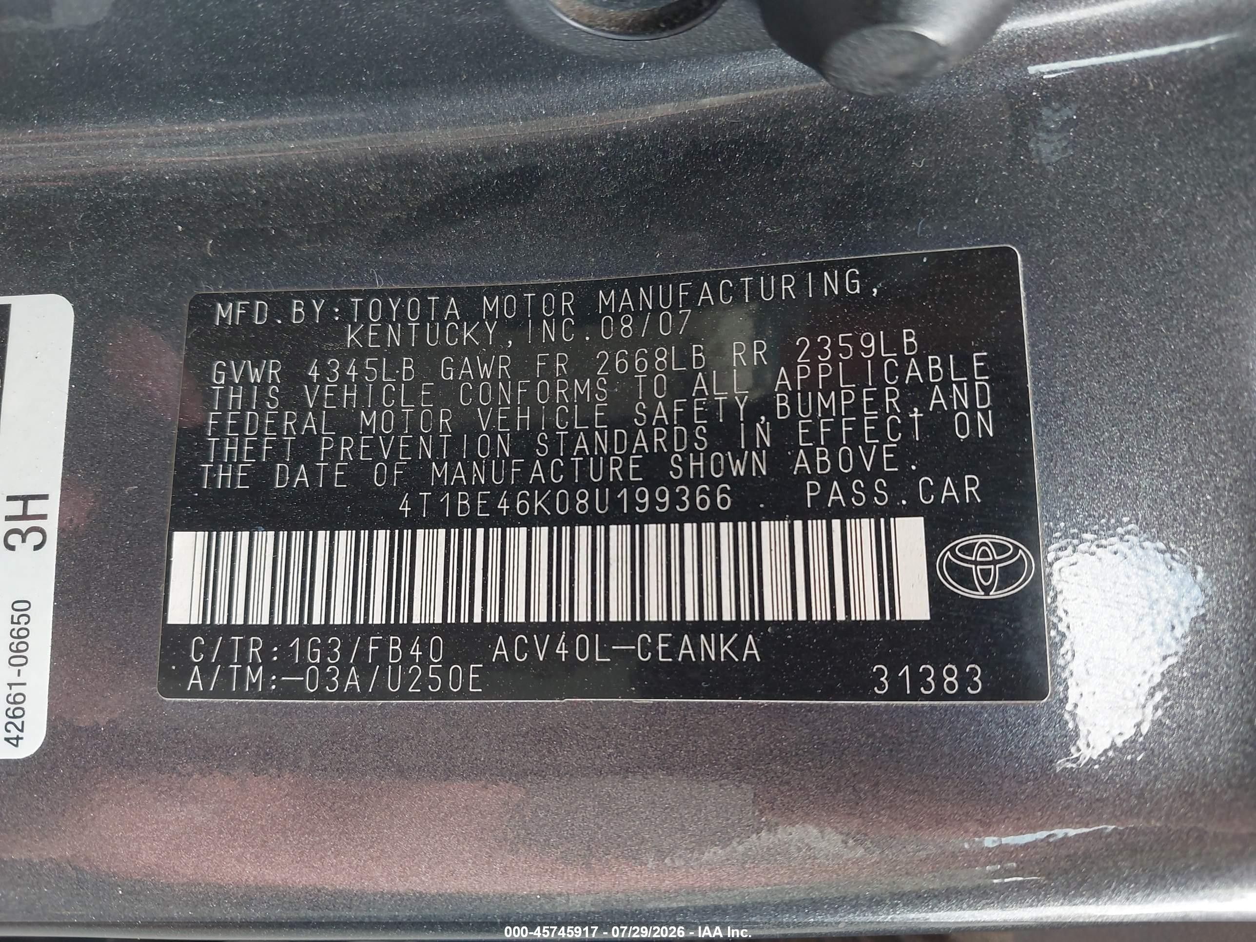 2008 Toyota Camry Le Серый vin: 4T1BE46K08U199366