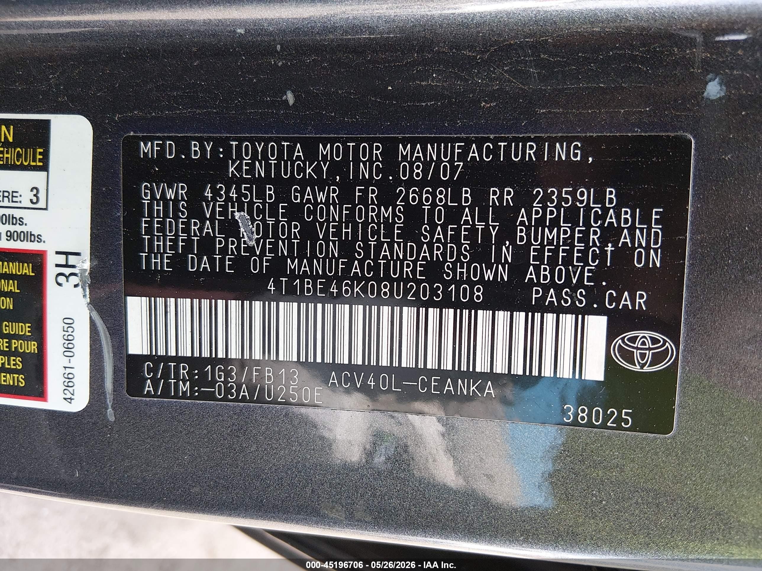 2008 Toyota Camry Le Gray vin: 4T1BE46K08U203108