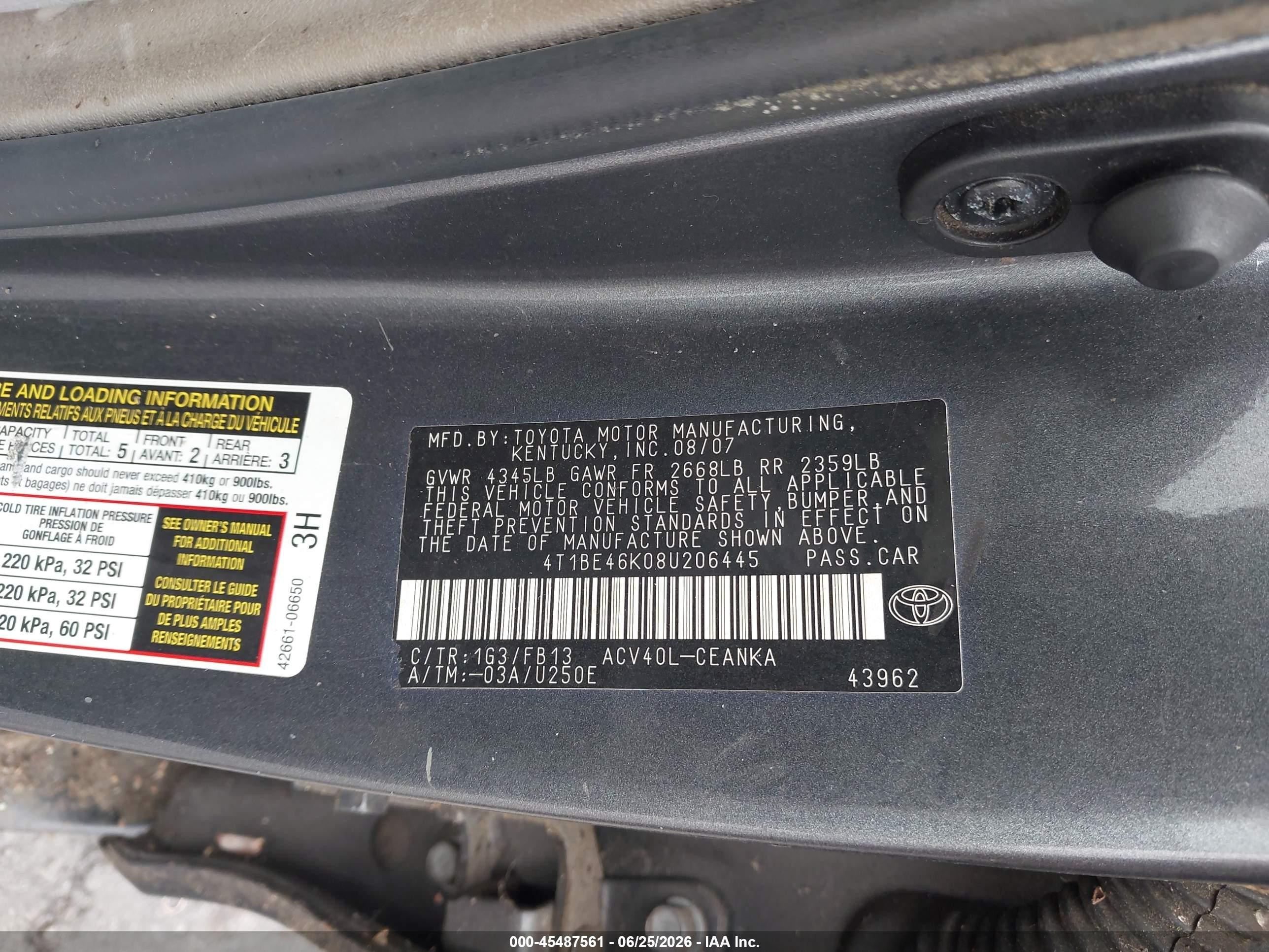 2008 Toyota Camry Le Серый vin: 4T1BE46K08U206445
