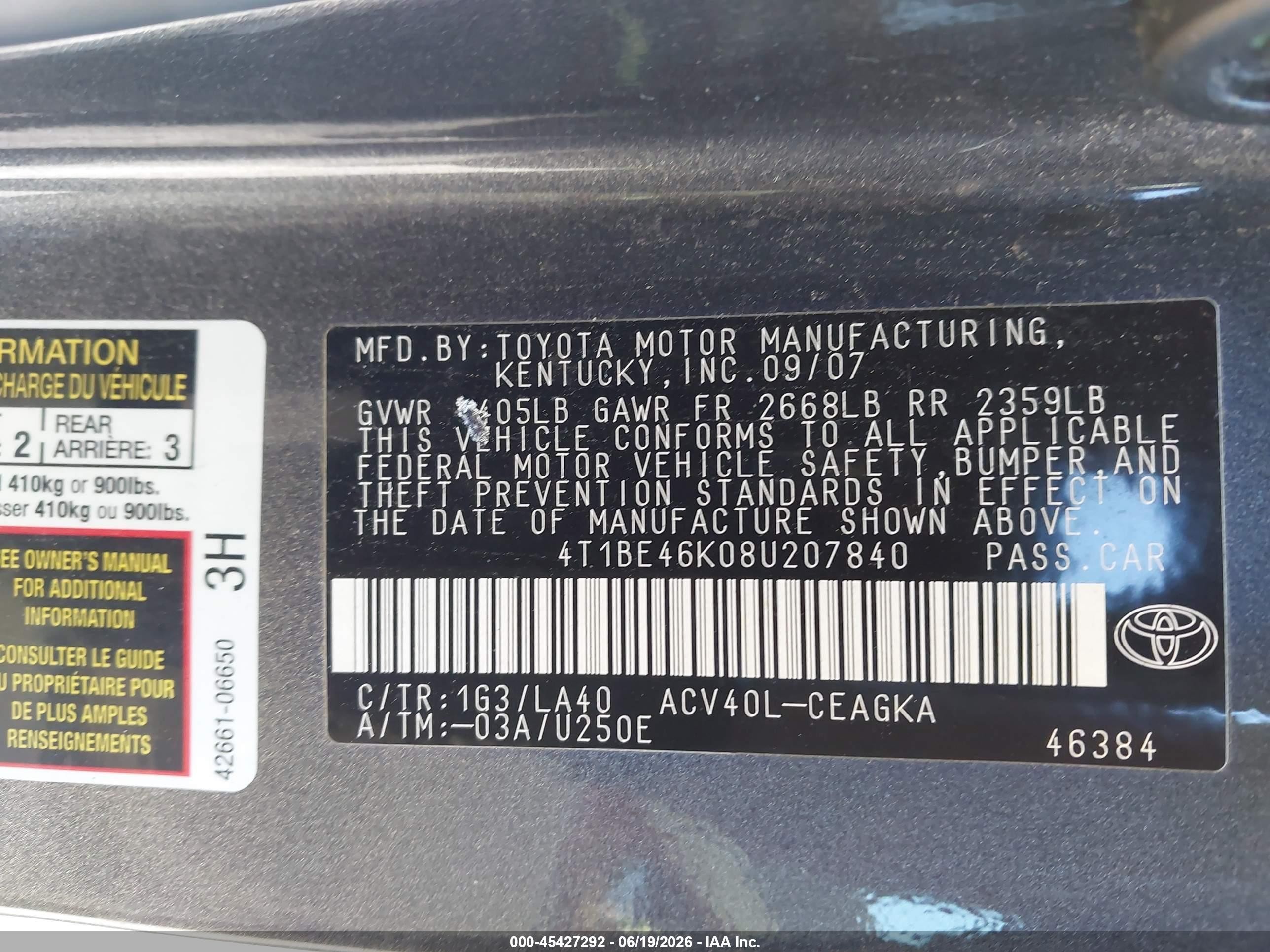 2008 Toyota Camry Xle Серый vin: 4T1BE46K08U207840