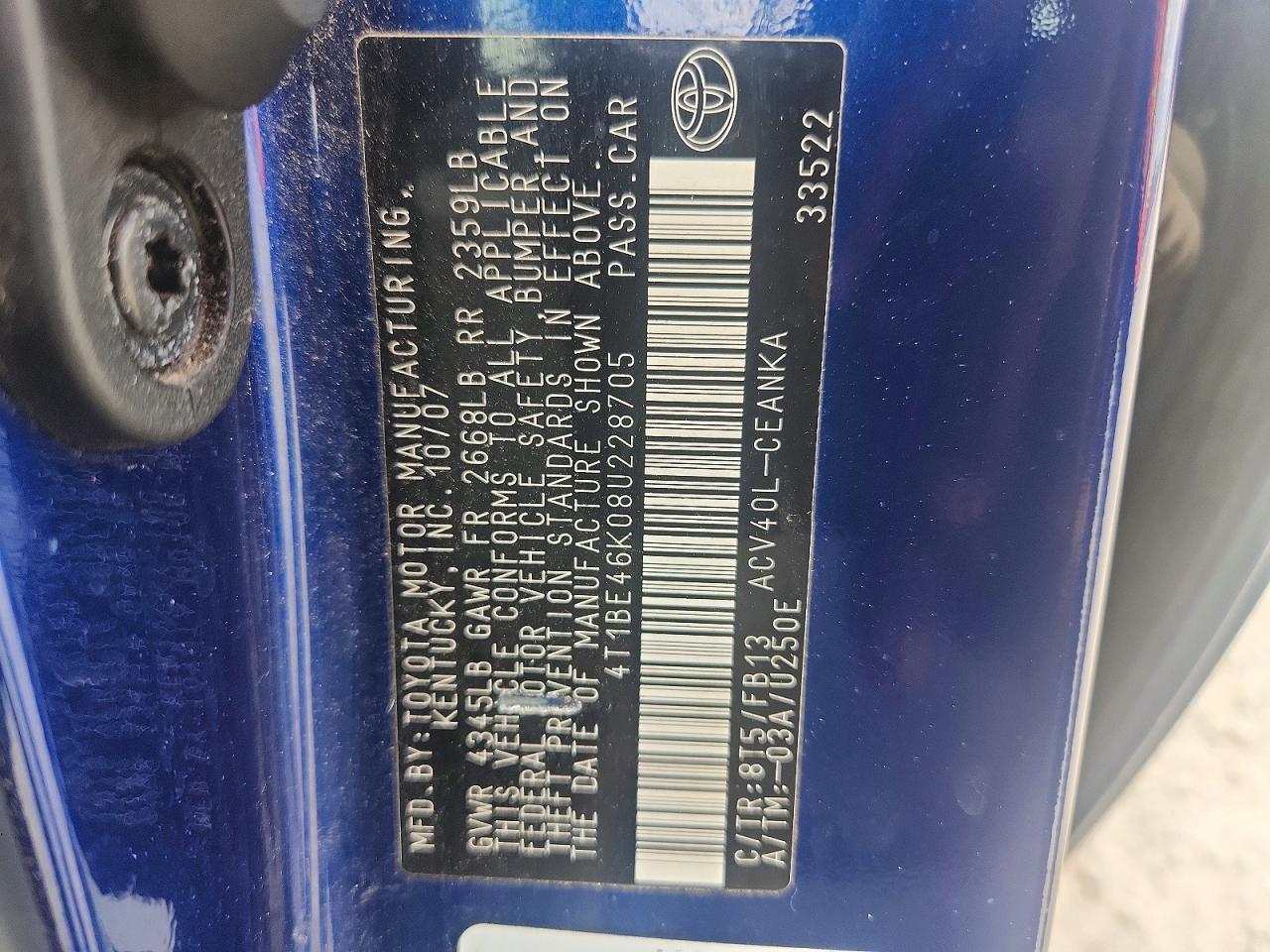 2008 Toyota Camry Le Blue vin: 4T1BE46K08U228705