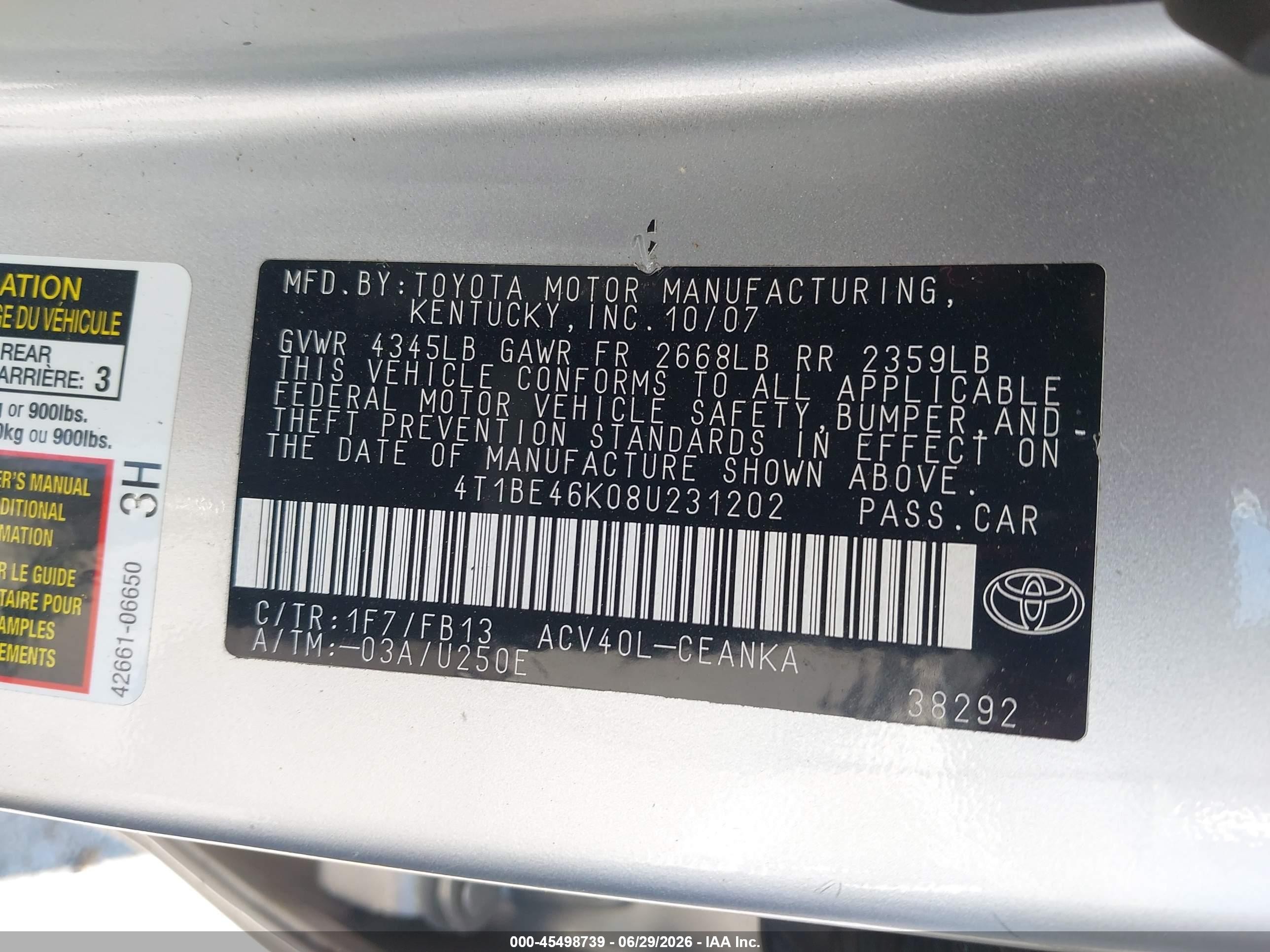2008 Toyota Camry Le Silver vin: 4T1BE46K08U231202