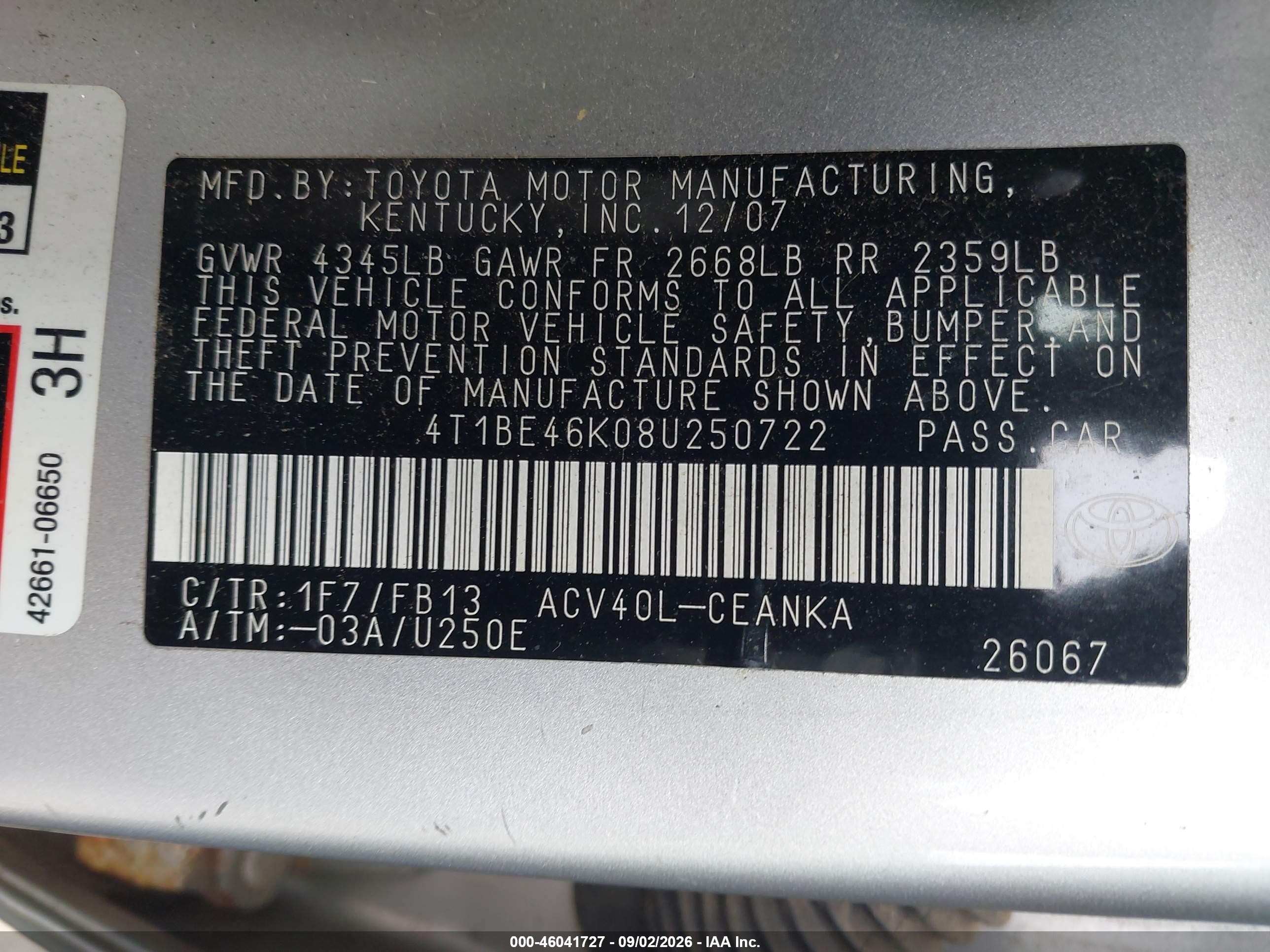 2008 Toyota Camry Le Silver vin: 4T1BE46K08U250722