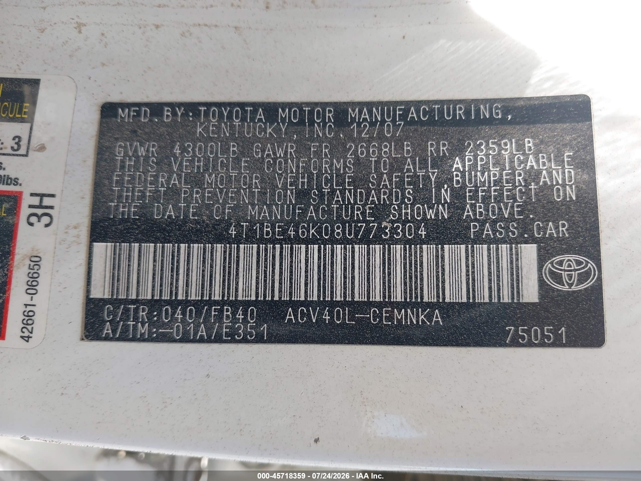 2008 Toyota Camry   White vin: 4T1BE46K08U773304