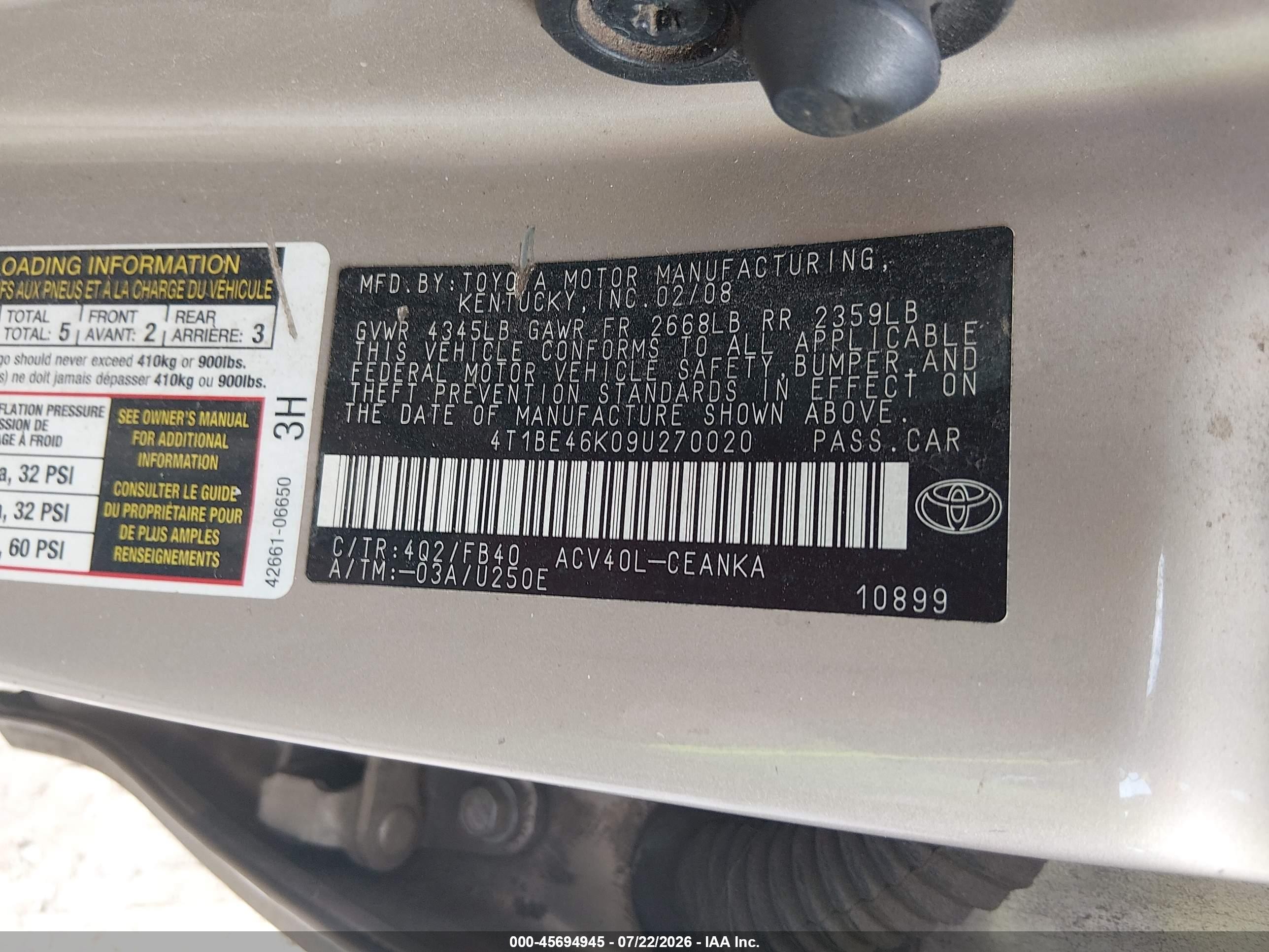 2009 Toyota Camry   Бежевый vin: 4T1BE46K09U270020