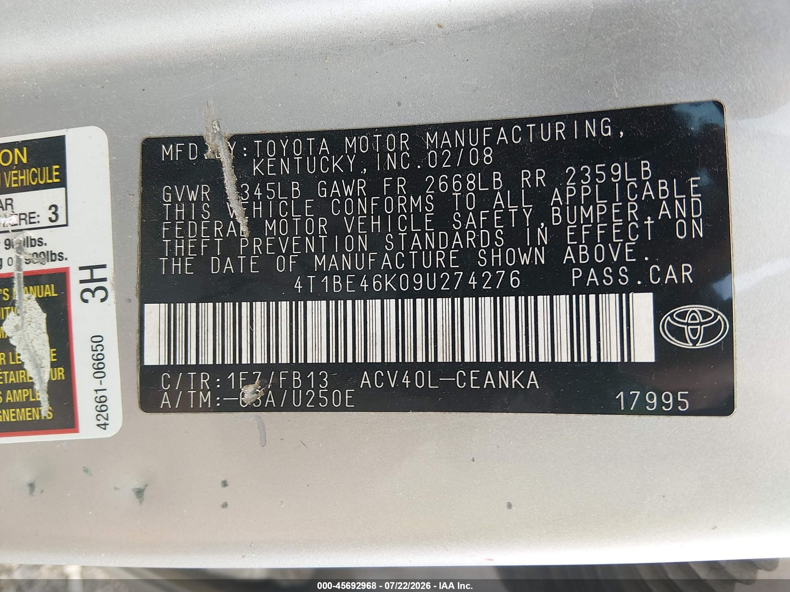 2009 Toyota Camry Le Серебряный vin: 4T1BE46K09U274276