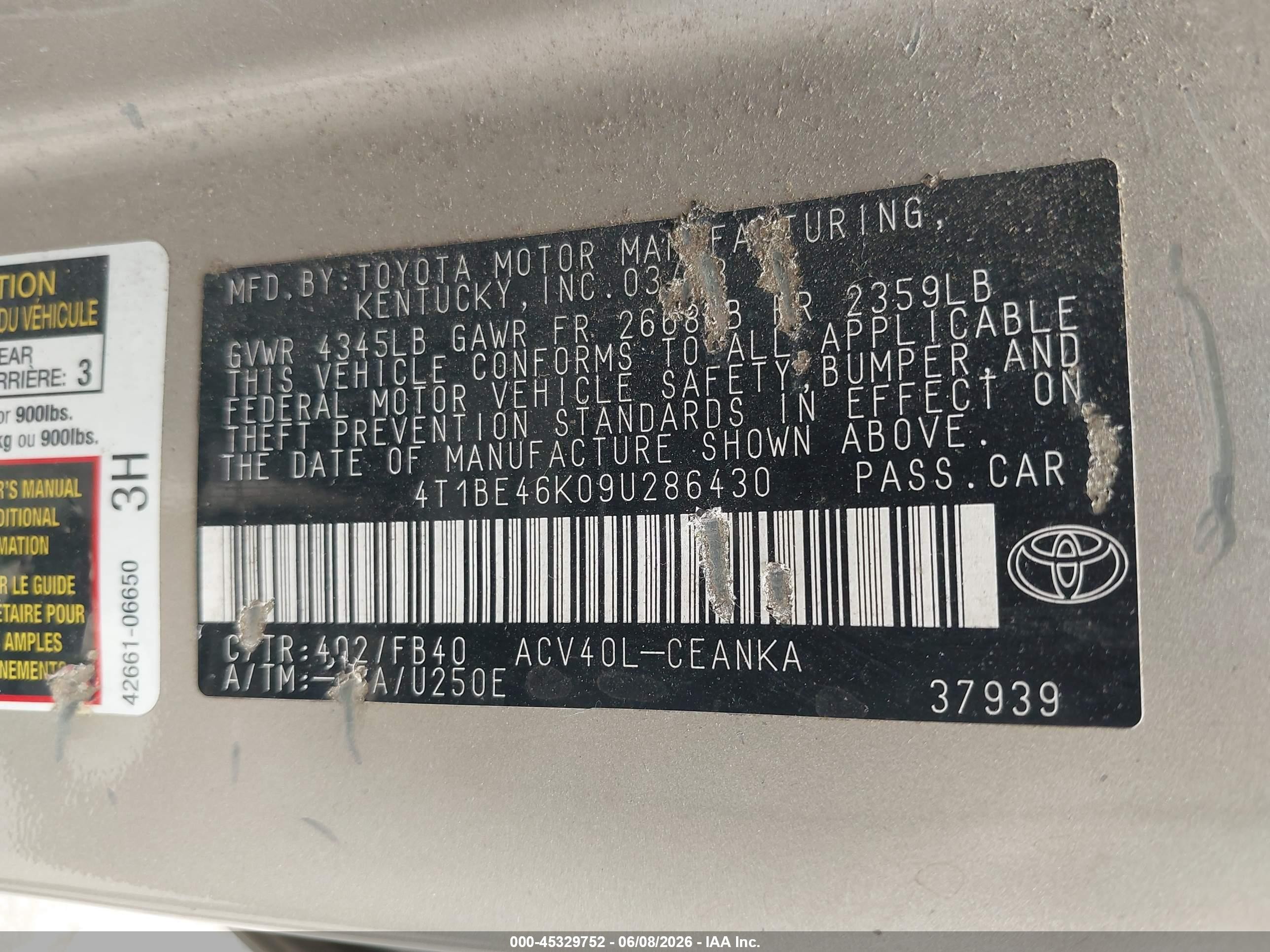 2009 Toyota Camry Le Beige vin: 4T1BE46K09U286430