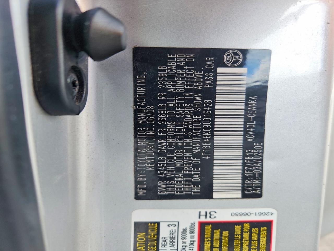 2009 Toyota Camry Le Серебряный vin: 4T1BE46K09U316428