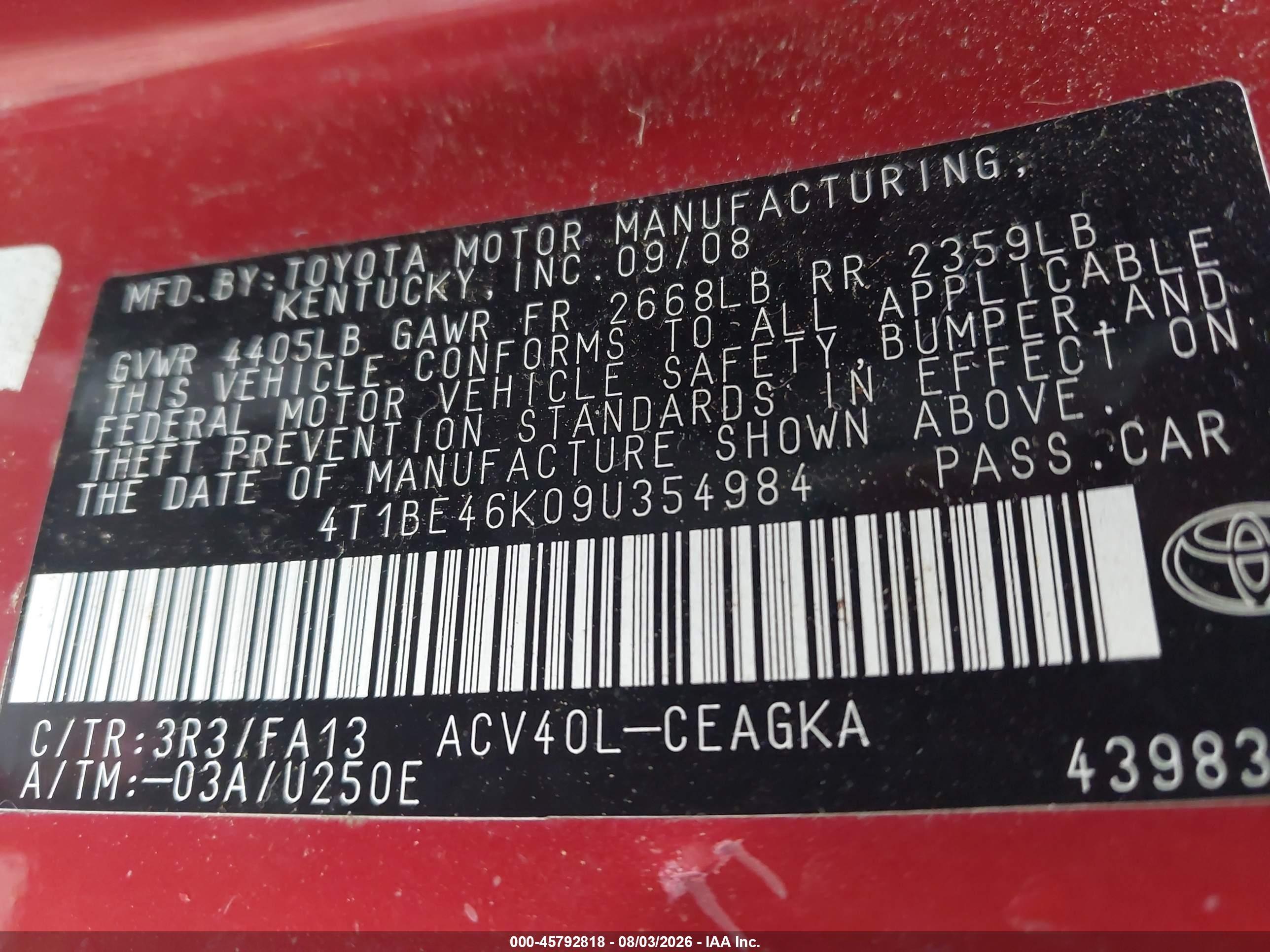 2009 Toyota Camry Xle Red vin: 4T1BE46K09U354984