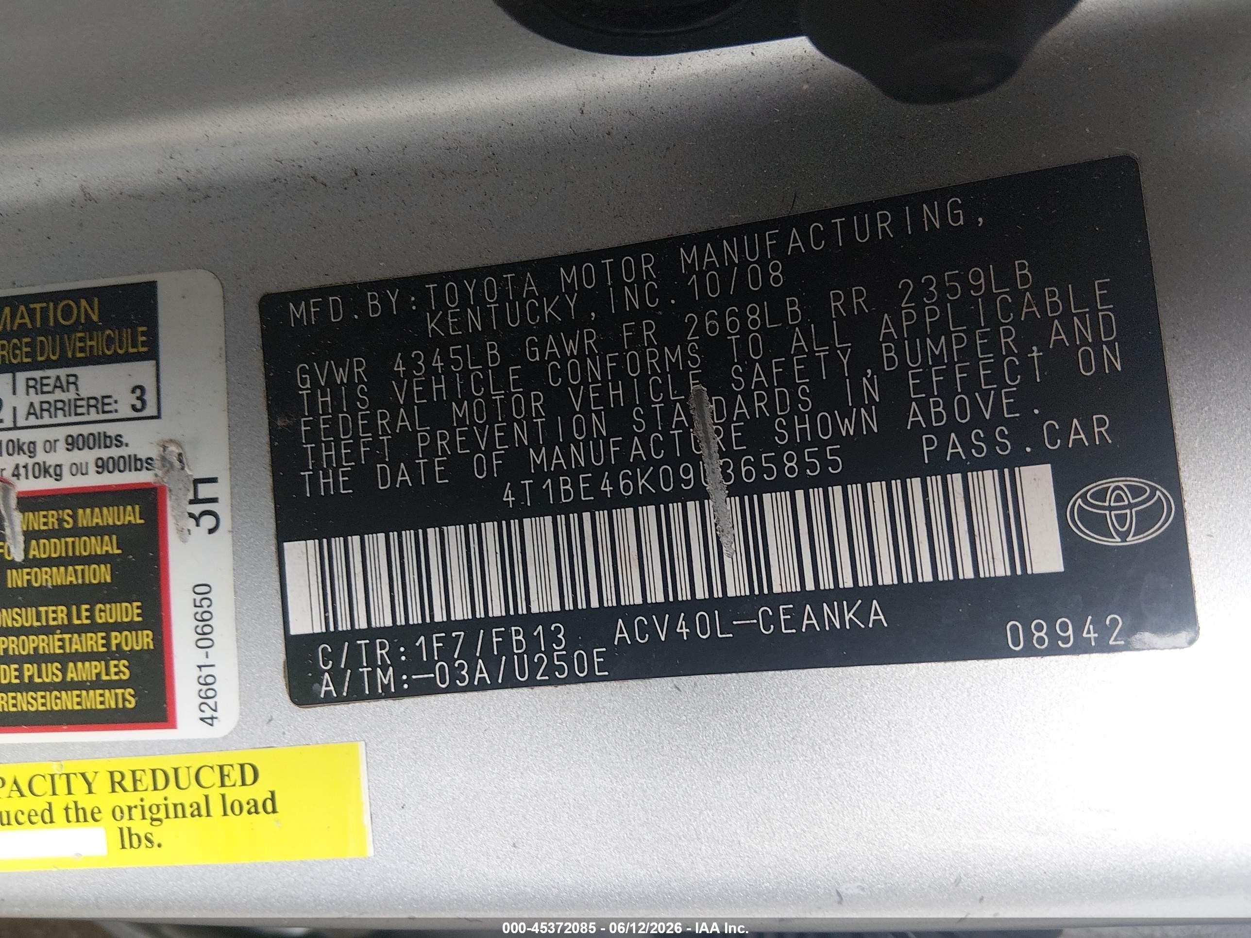 2009 Toyota Camry Le Silver vin: 4T1BE46K09U365855