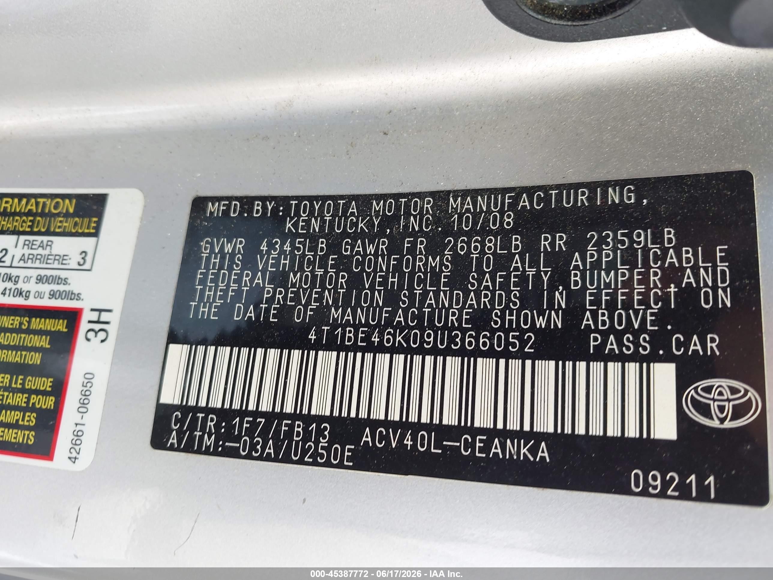 2009 Toyota Camry Le Silver vin: 4T1BE46K09U366052