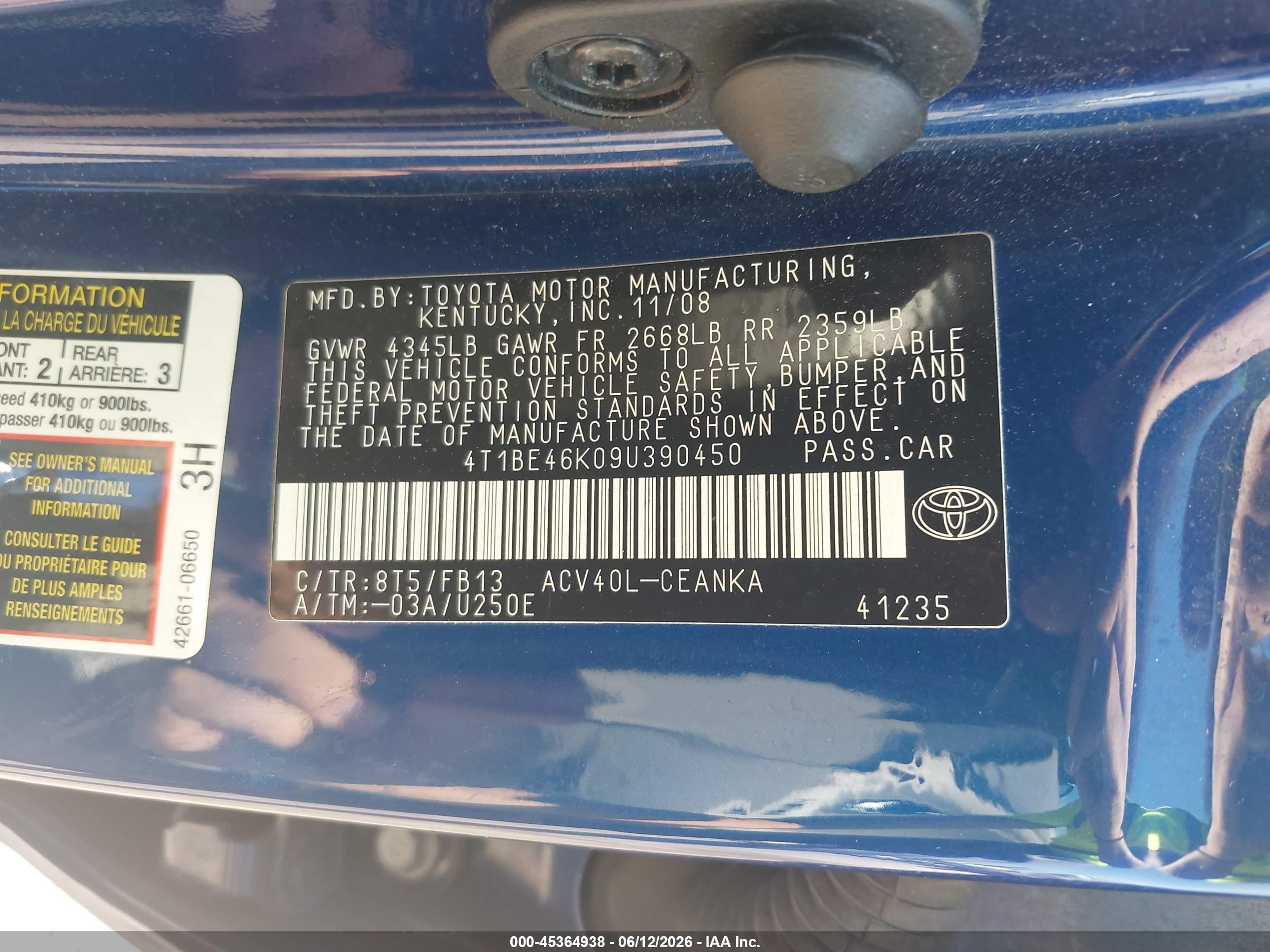 2009 Toyota Camry Le Blue vin: 4T1BE46K09U390450