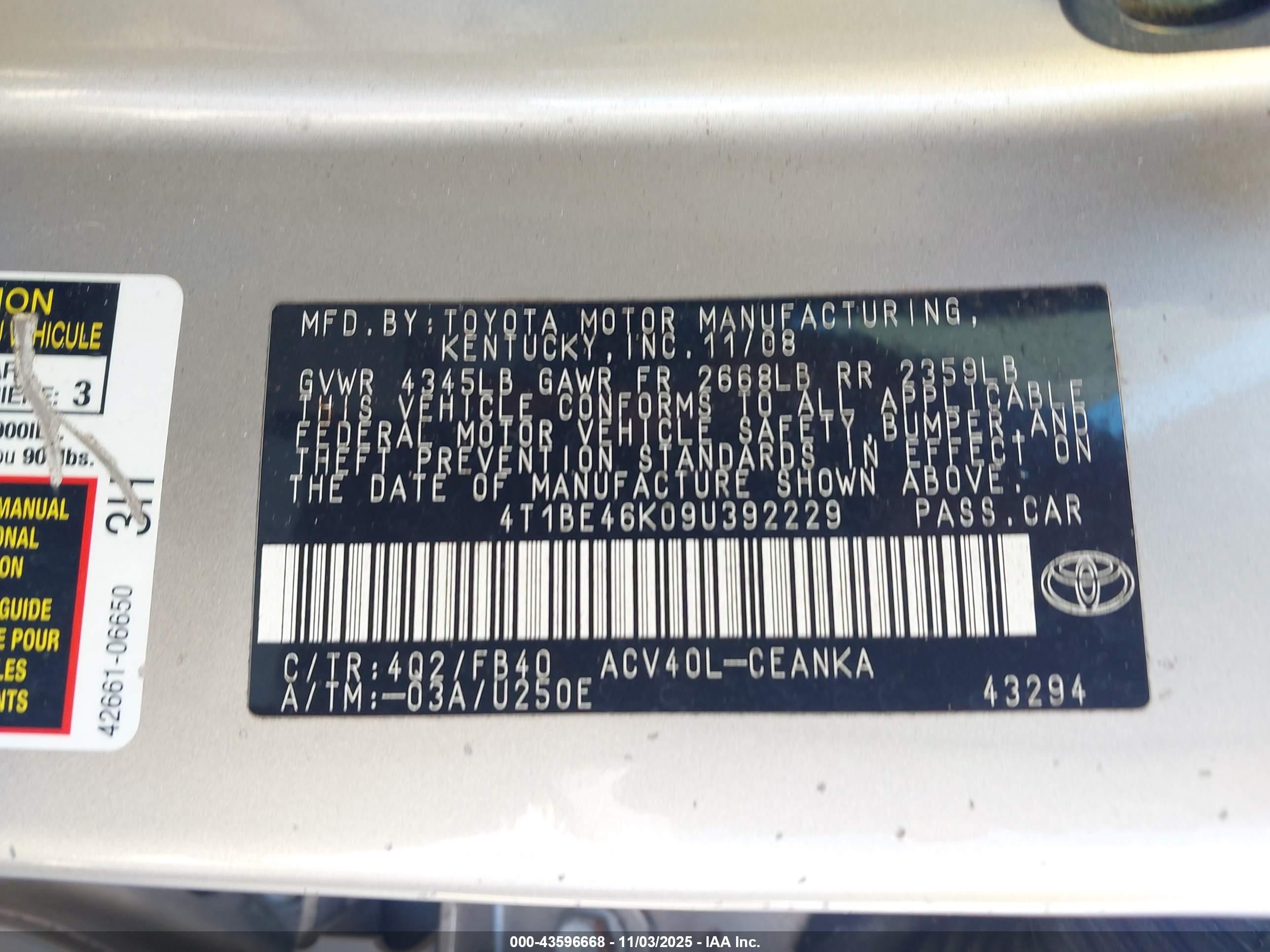 2009 Toyota Camry Le Золотой vin: 4T1BE46K09U392229