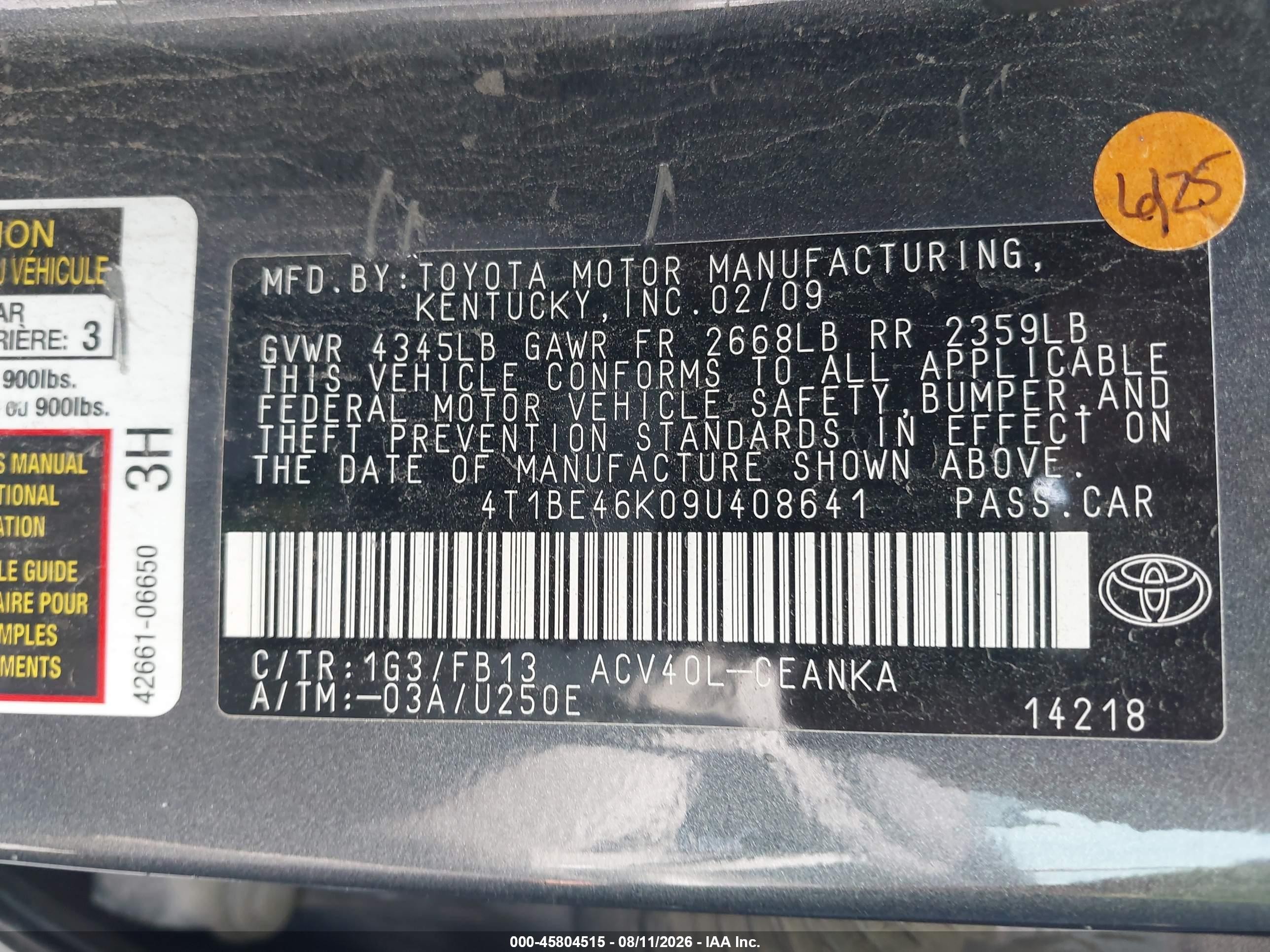2009 Toyota Camry Le Gray vin: 4T1BE46K09U408641